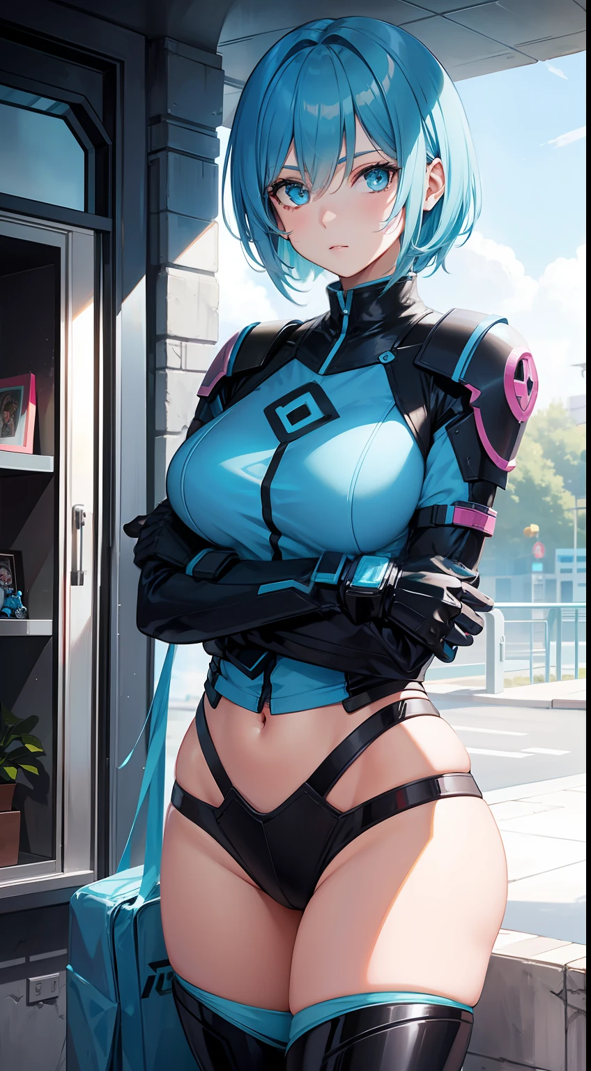 Adult woman, Short blue hair, Cyan eyes, Autobot's pink armor, arch, Masterpiece, hiquality