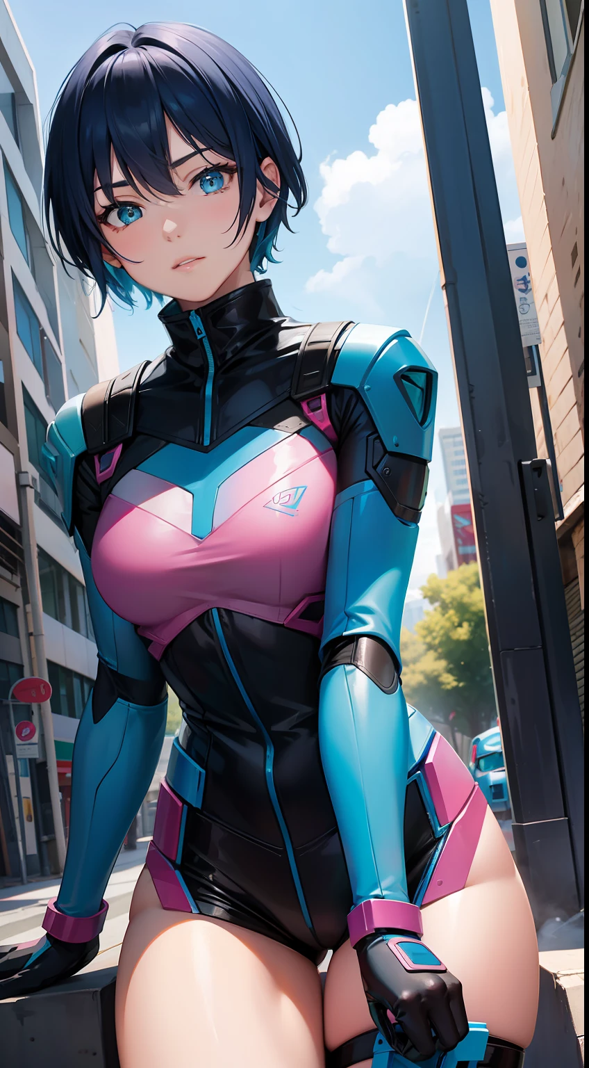 Adult woman, Short blue hair, Cyan eyes, Autobot's pink armor, arch, Masterpiece, hiquality