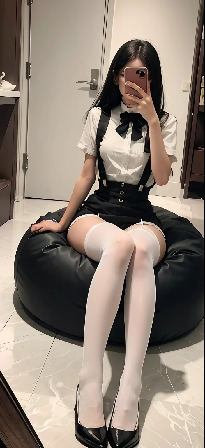 Arakfi sat on the bean bag，Take a selfie with your phone in the mirror, Black socks with suspenders ，blackstockings，lacepantyhose, Anime Barbie in suspender black stockings, Stockings, With black sock suspenders ，blackstockings，lacepantyhose, There are no shoes on the thighs, white with black spots, Wearing white tights, thighs high socks, White tights, wearing in stocking, Beautiful arms and legs, Wearing stockings, close-up on legs