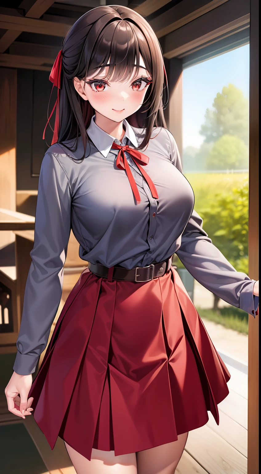 masterpiece,(ultra-detailed),1girl,smile, nishikigi chisato, red ribbon, cowboy shot, lycoris uniform, two-tone dress, grey dress, pleated dress, belt, red belt,neck ribbon, blue ribbon, long sleeves,