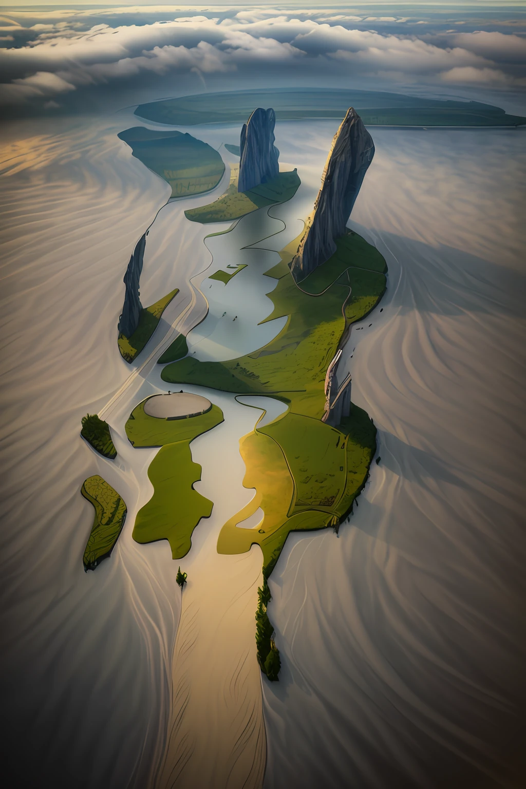 Rivers, meandering, clouds, (intricate details), HDR, (intricate details, hyperdetailed: 1.2), cinematic shots, vignettes, centered