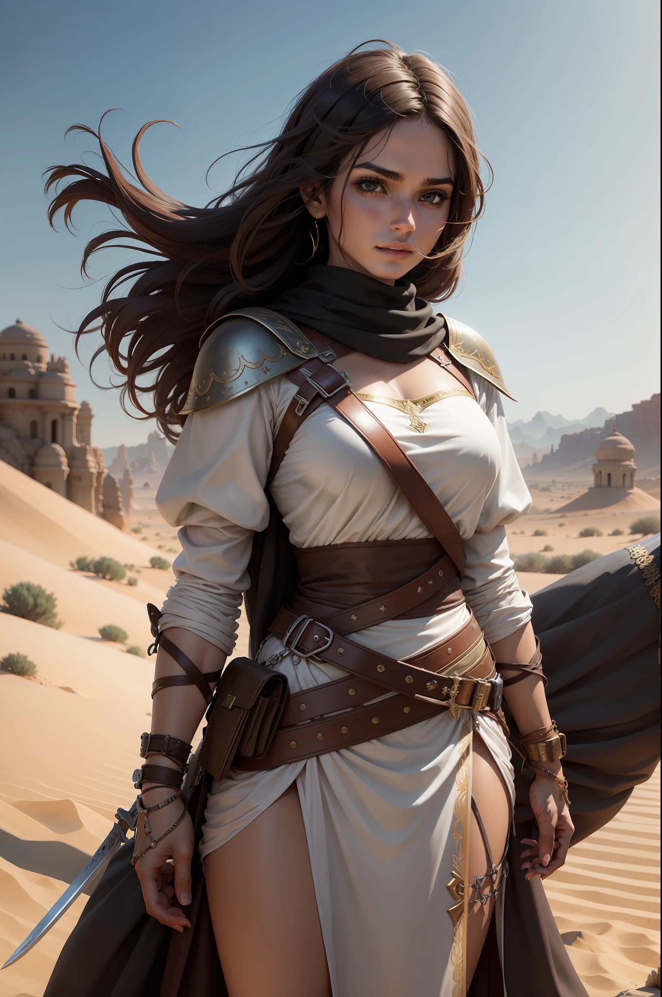 solo. Young Arab, Guerreira, morena, cabelo longo e escuro, usando roupas para o deserto, Braceletes dourados, segurando duas espadas, a sword in each hand, fantasy scenario, RPG, retrato, games, render, alta resolução, detalhamento em armadura leve