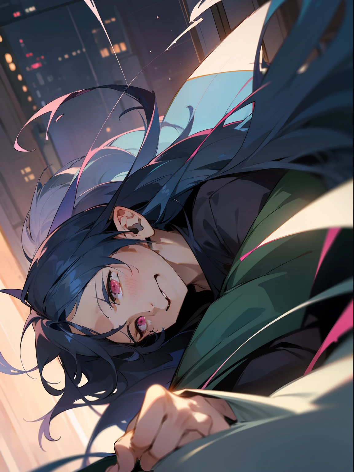 Ultra Detail,Haig Quality,sketch,1boy,matured male,Beautiful face,(Navy blue hair,Outer hair:1.3),Handsome men,Pearl skin,black tshirt,Moss Green Mod Coat,Dynamic Angle,Japan Anime,Pink eyes,Laugh,Like a cat's eye,city,male in his 20s,