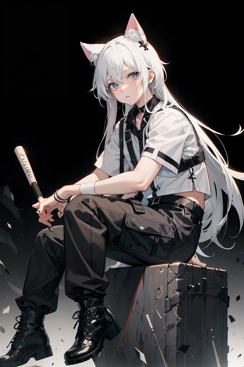White-colored skin，White-colored skin，whaite hair，Black pupils，Pure black eyes，Cat ear hood，Silver-toned stud earrings，Fork，crosses，bandagens，There are bandages on the hands，short detailed hair，Handsome，Neutral wind，Highest image quality，the night，the night，warn，femele，hooding，cargo pants，Martin boots，Black pick dye，Baseball bat，crosses，crosses，nighttime scene，Black cargo pants，Black pantsuit