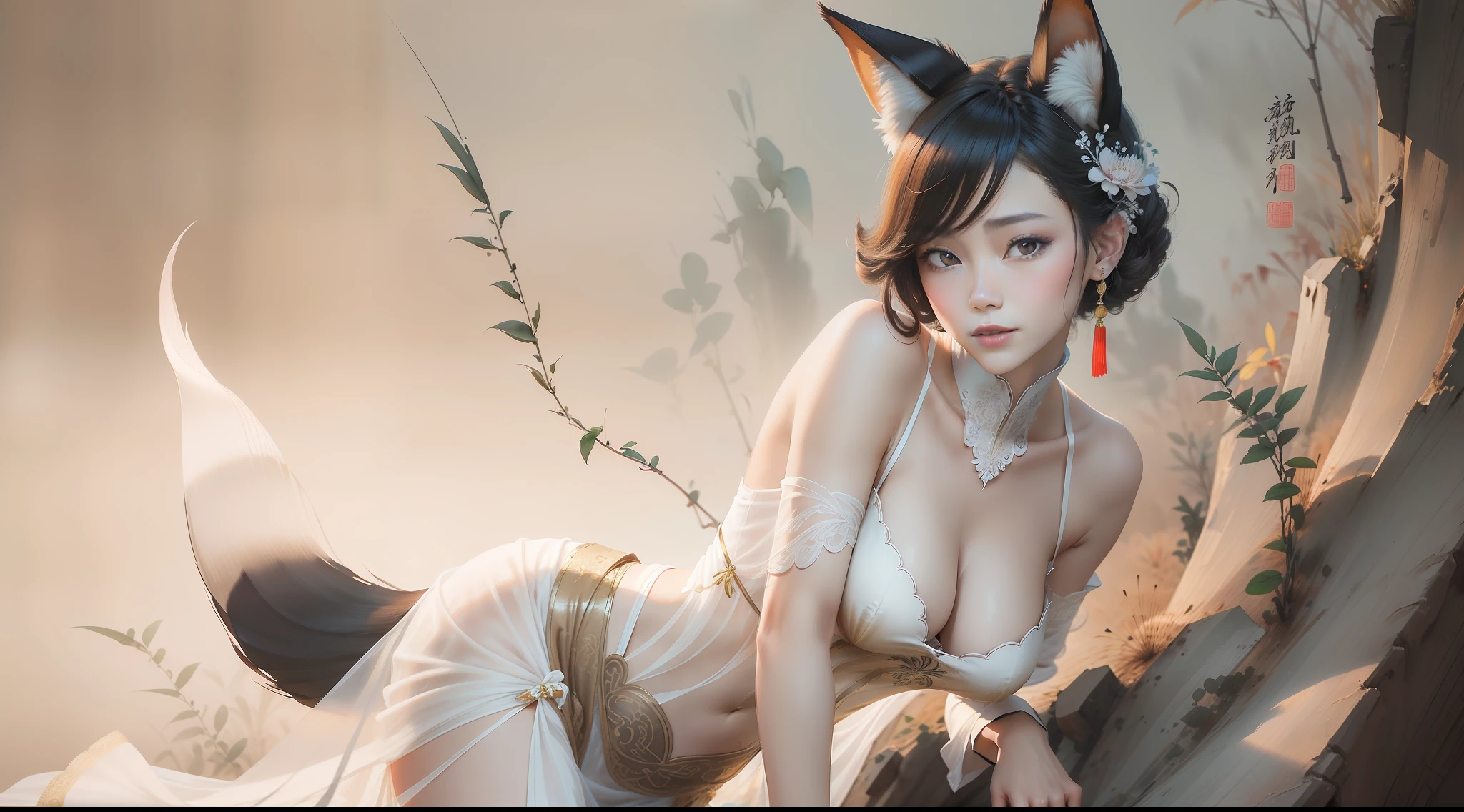 ((best qualtiy)), ((tmasterpiece)), (Ultimate detail),(ink and watercolor painting),(an Chinese ink painting style),(the night,Beautiful vixen,She has fox ears、fox tails,face to the viewer,haughty),ssmile,Side Body,rosy lips,(Delicate and delicate eyes,Delicate and delicate face),Charming,seductiv,Raised sexy,Beautiful body curves,Streamers,Translucent tulle,Hanfu,komono,Classical Chinese costumes,The bamboo leaves are blown up by the wind,bamboo forrest,Leave white space,Bare waist,Rounded breasts,short detailed hair,ear jewelry,hair adornments,choker necklace,Delicate and detailed background