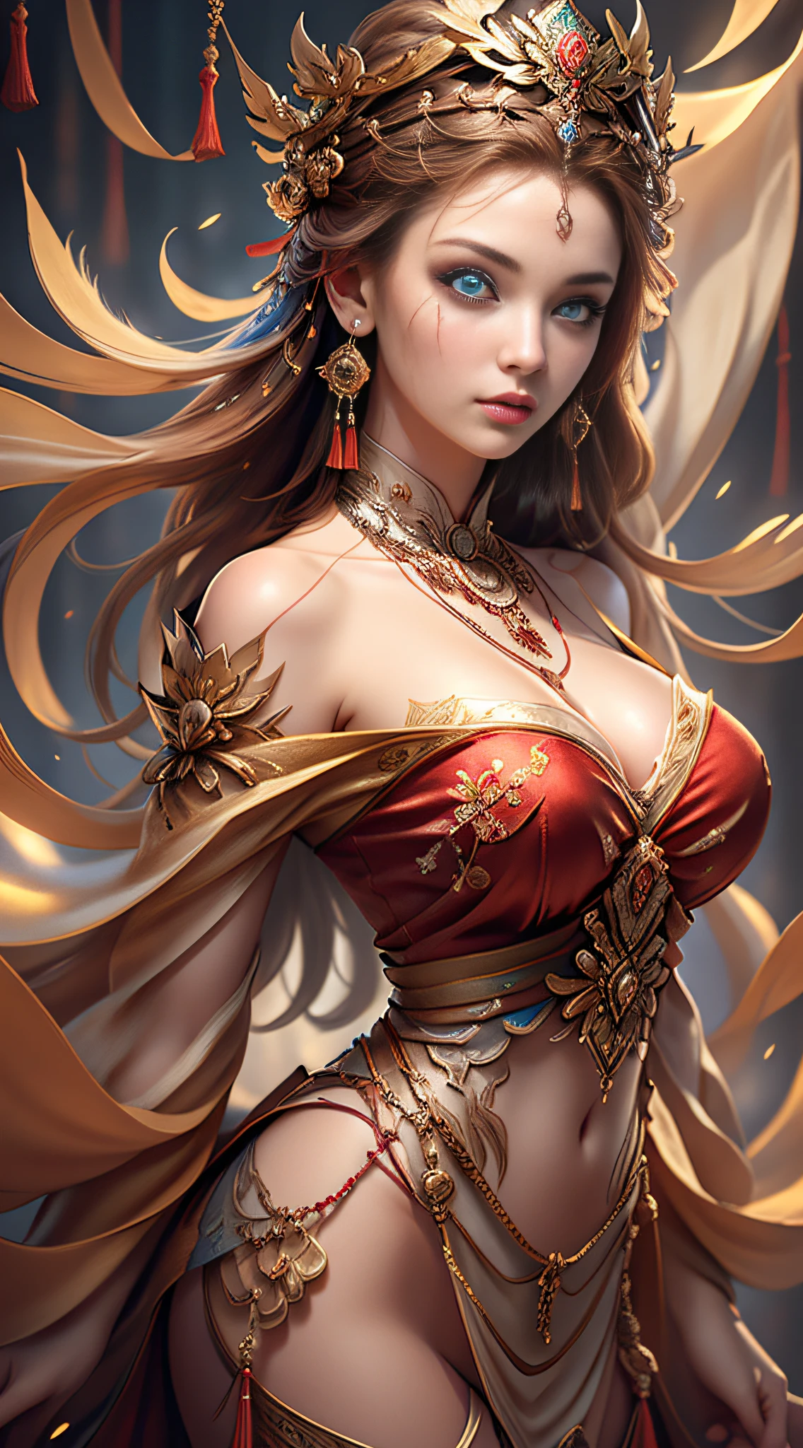 Best quality,masterpiece,ultra-detailed high res,(photorealistic:1.4),raw photo,,illustration, wanjian, multiple weapon (glowing weapon)
1 girls dancing,(solo:1.2),(cowboy shot:1.2),(hair crown:1.2),Traditional chinese dunhuang style clothes,Strapless,(red eyeliner:1.2),(huge breasts:1.4), (v-neck:1.5), (big necklace:1.4), lace armour, (beautiful eyes :1.4), (looking at viewer:1.5), earrings,dynamic angle,Opera House,messy_long_hair,ink,cinematic lighting,lens_flare, Velvet, chrysanthemum,Tassel,Ribbon,color embroidery, white gold red,