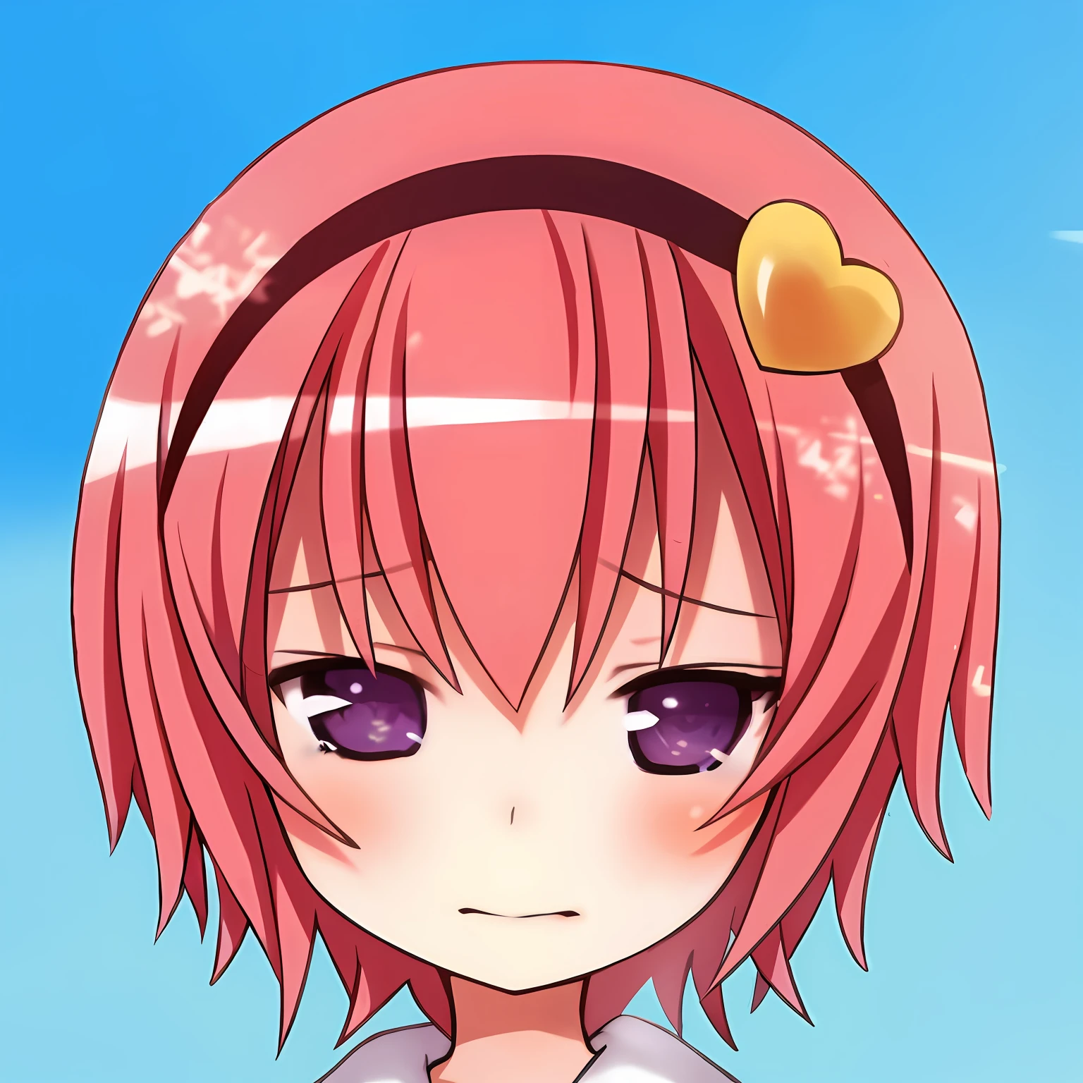 Anime girl with pink hair and purple eyes and a heart on her head, anime moe art style, cute anime face, cute girl with short pink hair, ,, extremely cute anime girl face,
