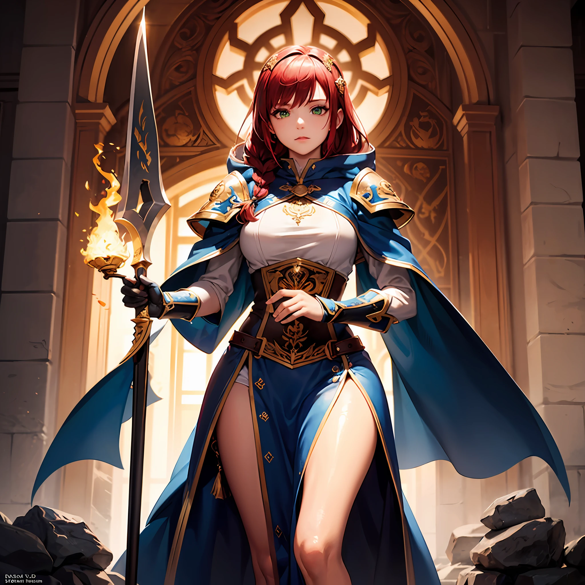 fantasy world, dnd art female, dwarf, (Masterpiece 1.5, intense details), red haired, green eyes, slightly pointred ears, braided hair,(Masterpiece, intense details),cleric, templar, casting a spell (Masterpiece, intense details dnd art) ,wearing white heavy armor with sigils (Masterpiece, intense details). Carrying a flaming axe (Masterpiece 1.5, intense details),Wearing a blue cloak with sigils (Masterpiece 1.4, intense details), holy symbol, radiant yellow light,(Masterpiece, intense details) standing near fantasy setting temple at dawn, sun, backligt, (Masterpiece, intense details) glowing light, ray tracing, reflection light, silhouette, wide shot, panorama, Ultra-Wide Angle, award winning, best quality, HD, 4K, high details