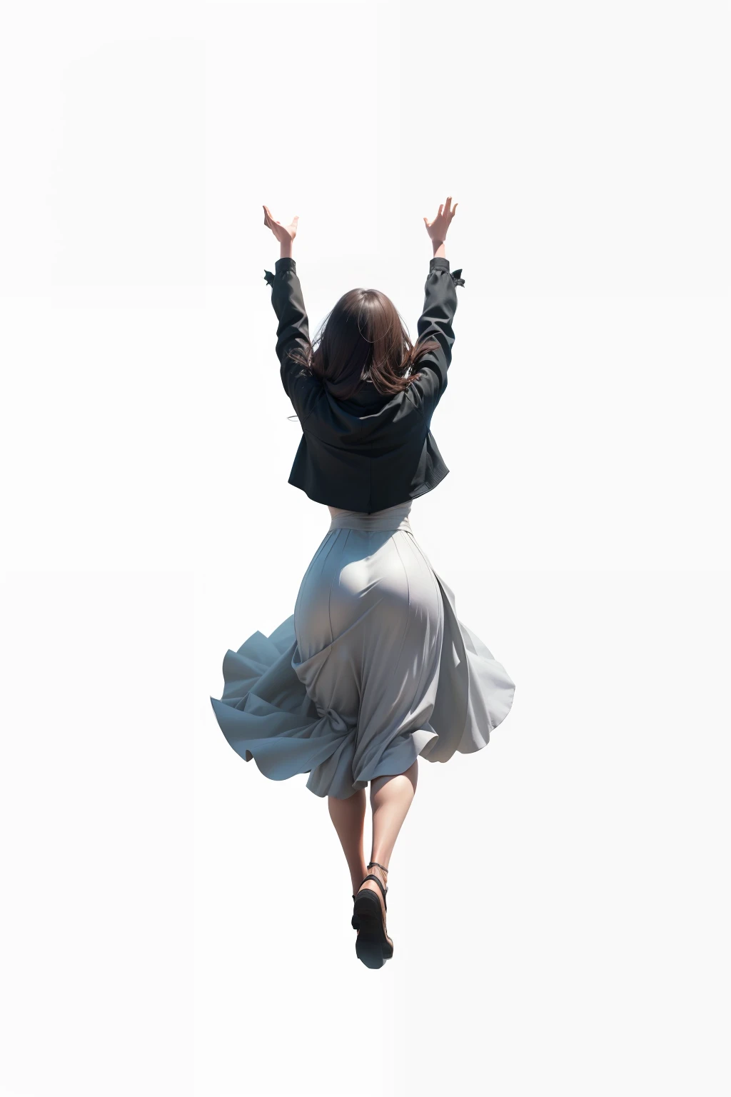 Dry up the relationship between light and shadow，There was a woman jumping in the air with her arms raised, she is dancing. Realistic, she is dancing, jumping towards viewer, dancing character, as though she is dancing, elegant cinematic pose, marvelous designer, jumping posture, a-pose, raise both arms, 3 D rendering character art 8 K, back stance, render of april, 2 d cg