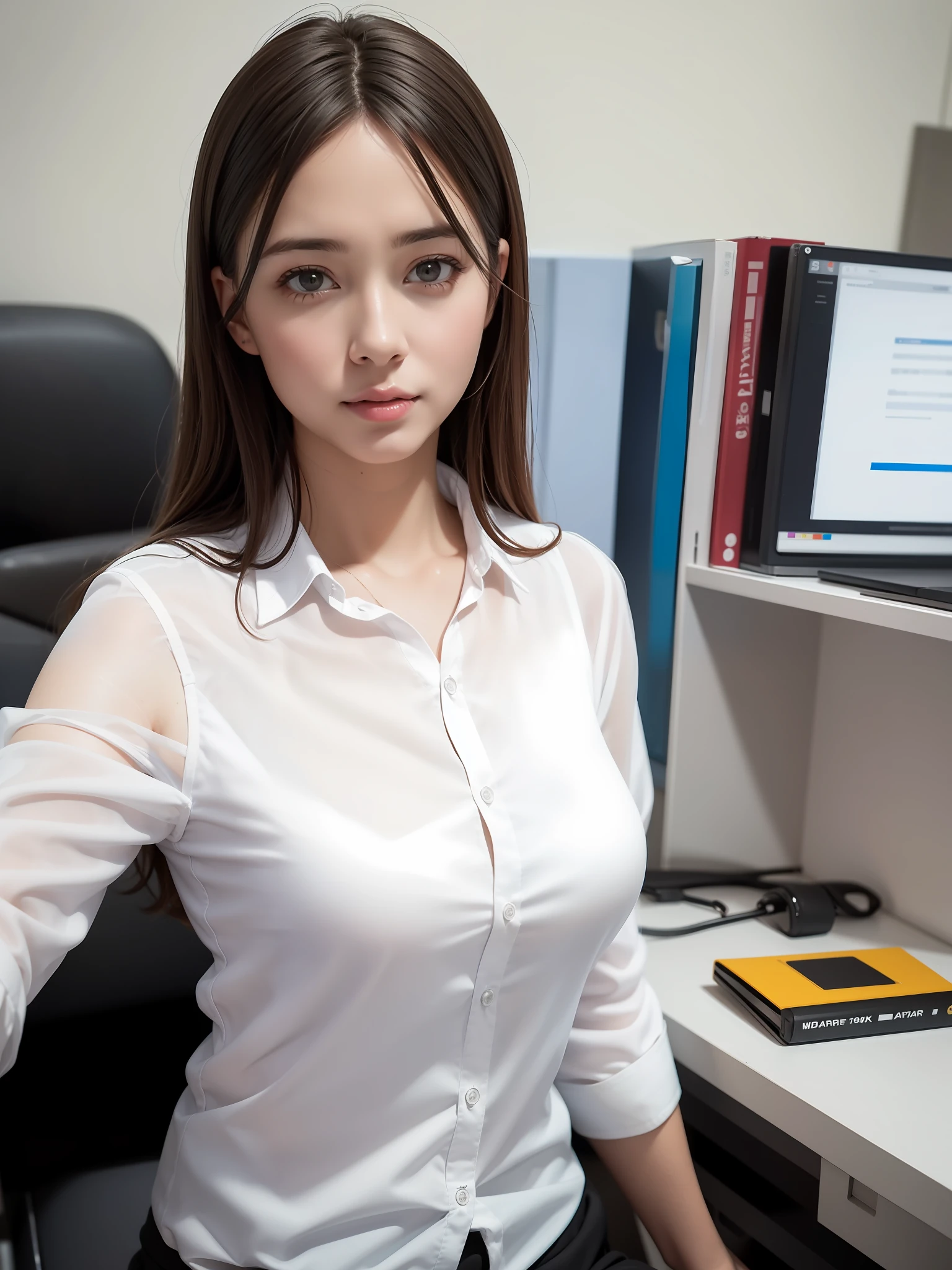 office woman, white shirts	,realistic photo, a realistic photo,(photo realistic:1.1), best quality, masterpiece, ultra high res, (8k, RAW photo:1.2)