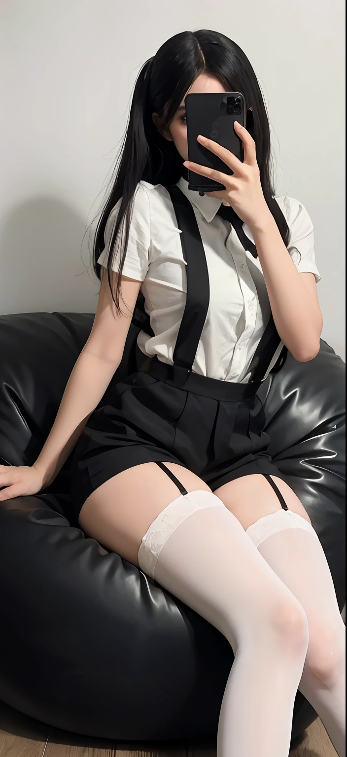 Arakfi sat on the bean bag,Take a selfie with your phone in the mirror, Black socks with suspenders ,blackstockings,lacepantyhose, Anime Barbie in suspender black stockings, Stockings, With black sock suspenders ,blackstockings,lacepantyhose, There are no shoes on the thighs, white with black spots, Wearing white tights, thighs high socks, White tights, wearing in stocking, Beautiful arms and legs, Wearing stockings, close-up on legs