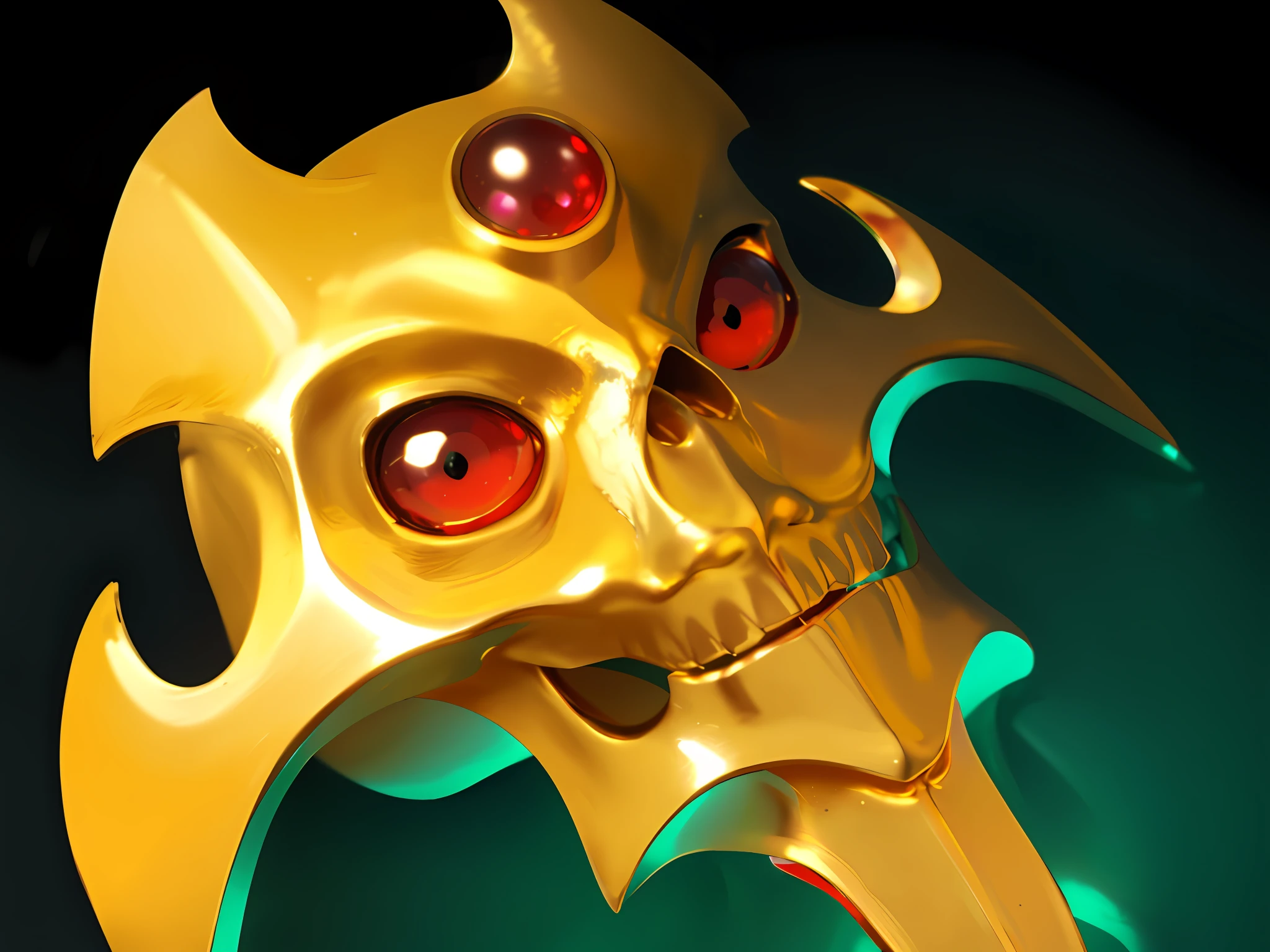 There is a close-up of a golden skeleton item,Gold items,metallic luster,Three ruby eyes,Smooth gold,Red eyes, Symmetrical items,Has a skull-like nose and teeth