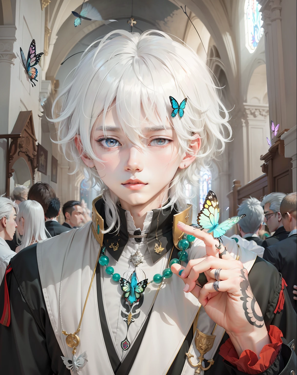 1boy anime style white hair high quality best quality masterpiece boy on the background of the church There is a colorful butterfly on the hand There is a tattoo on the back of the hand
