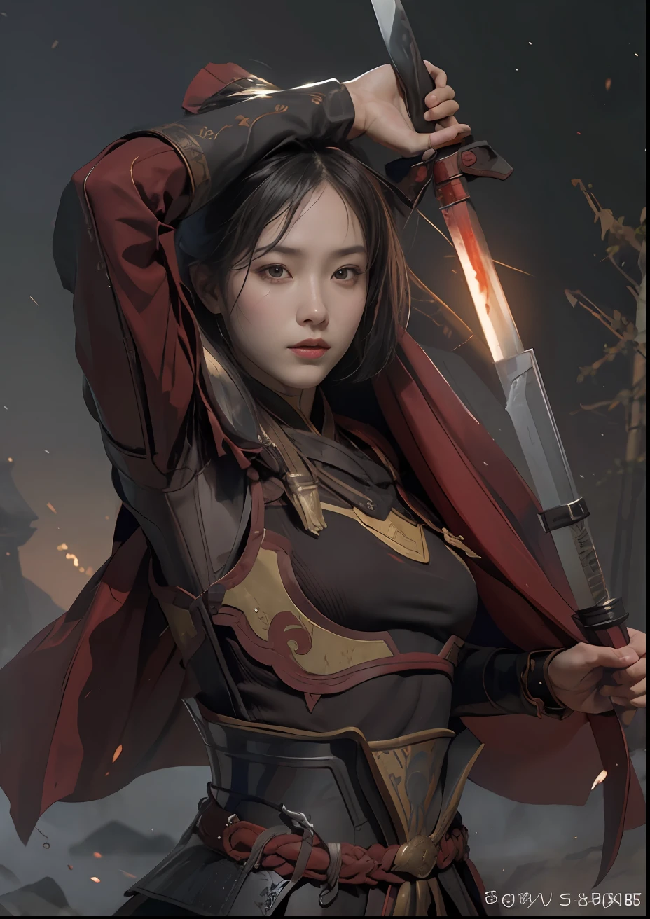 (Positive focus), (in the dark: 1), (Best quality), (Realisticity: 1), Realistic skin texture, highly detailed, 8k wallpaper, volumetric lighting, dynamic lighting, a girl, black robe, red belt, a small amount of armor, shoulder armor, waist protection, hand guards, veil, holding a short sword in front of you, ancient Chinese wind, escape action, run, escape, being hunted, short sword at the waist, attack posture, blood stains, clothes are torn, ancient Chinese battlefield, a group of ancient soldiers chasing and killing, arrows flying, war is flying, Night, dramatic composition,