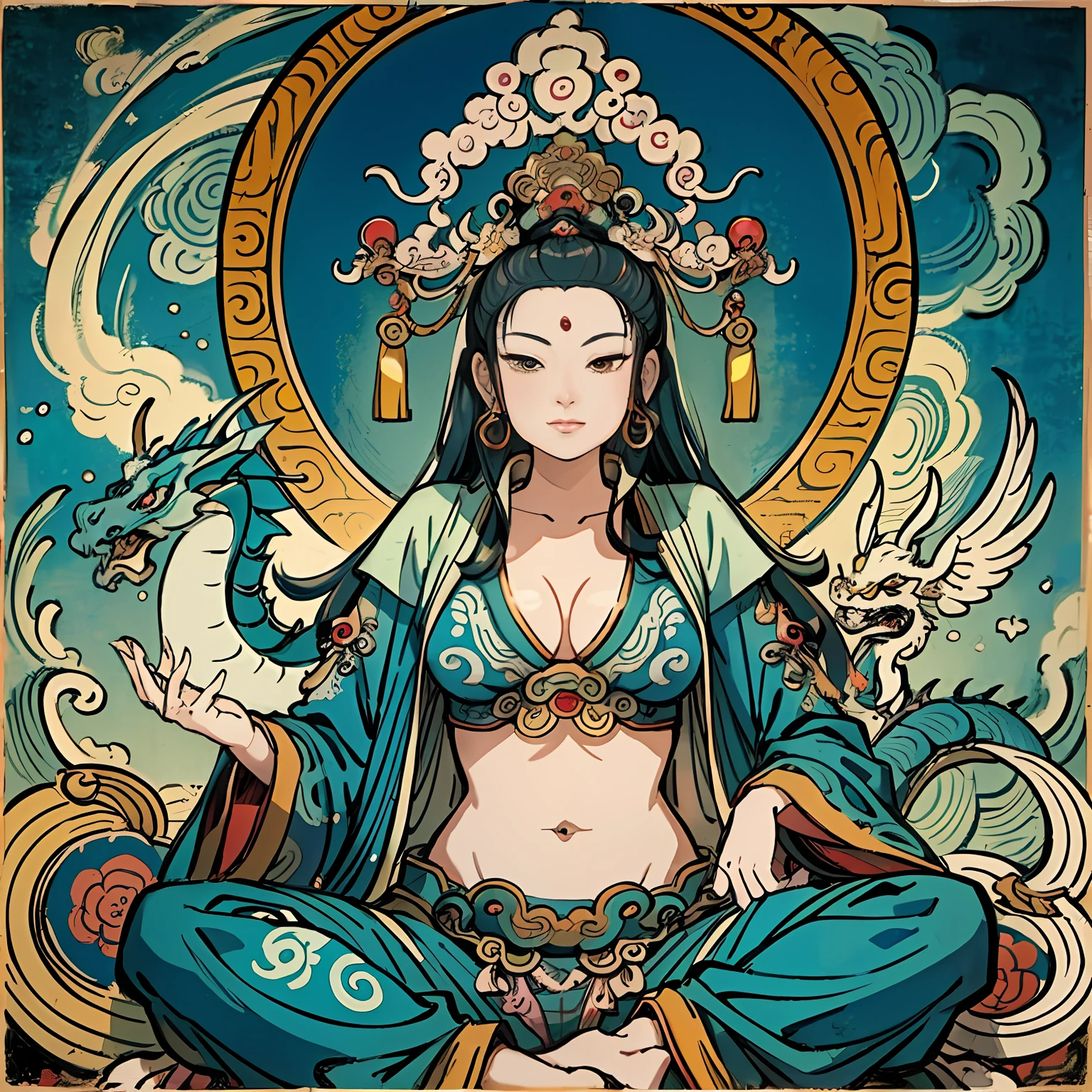 an ancient Chinese goddess, guanyin of the southern seas, Guanyin, Inspired by India, Avalokiteshvara rides a dragon,Serene expression,shui mo hua,Buddha,Buddhist,Lotus,Chinese painting style,Thangka style