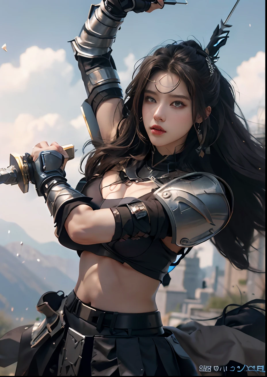 Masterpiece, Best Quality, (Realism: 1.9), Beautiful Lighting, (Very Detailed CG Unified 4K FHD Wallpaper), Realistic, High Detail, Sharp Focus, Dramatic Outdoor, (((1girl, Solo))), 20 years old, Long hair, (Brunetette), Ponytail hair, (Metal armored skirt: 1.3), Metal shoulder armor, (Metal Bra 1.3), hiqcgbody, Power Armor, pureerosface_v1, ULZZANG-6500, (Great Sword 1.3), black hair, surrealism, 8k, super detail