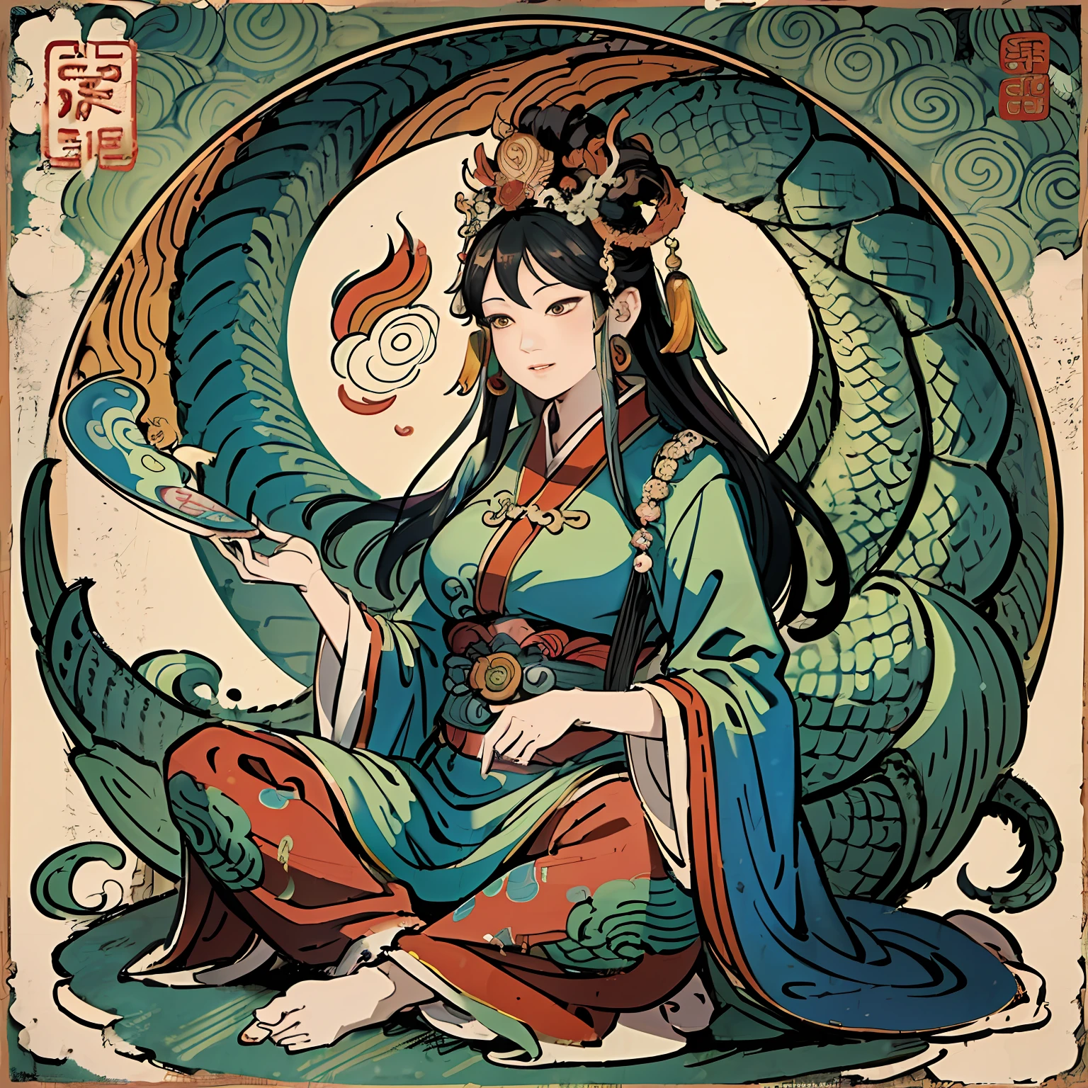 an ancient Chinese goddess, guanyin of the southern seas, Guanyin, Inspired by India, Avalokiteshvara rides a dragon,Serene expression,shui mo hua,Buddha,Buddhist,Lotus,Chinese painting style,Thangka style