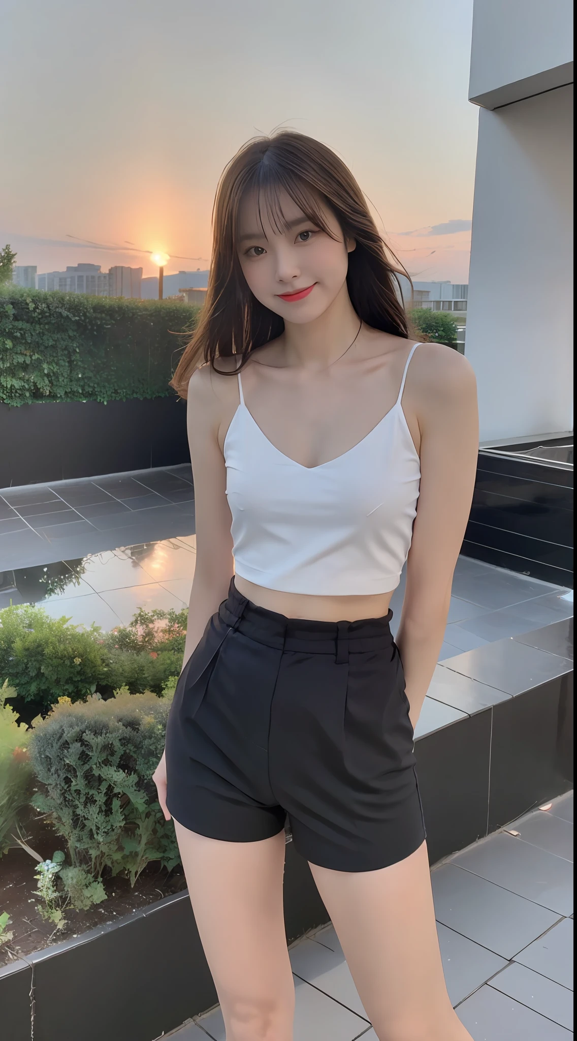 （（midynight， best qualityer， 8K， tmasterpiece ：1.3））， full bodyesbian， long leges， Sharp focus ：1.2， A beautiful woman with a perfect figure ：1.4， Slender abs ：1.1， （（dark brown  hair， ：1.2）），ssmile， （White skinny wraps around chest， skin-tight short-pants， standing on your feet：1.2）， （nighttime scene， the roof：1.3））， Highly Detailed Face and Skin Textur， Detailed eyes， 二重まぶた， the sunset， darken， Side Body， cropped shoulders，Exposed milk