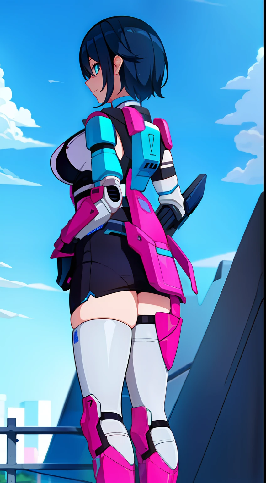 Adult woman, Short blue hair, Cyan eyes, Autobot's pink armor, arch, Masterpiece, hiquality