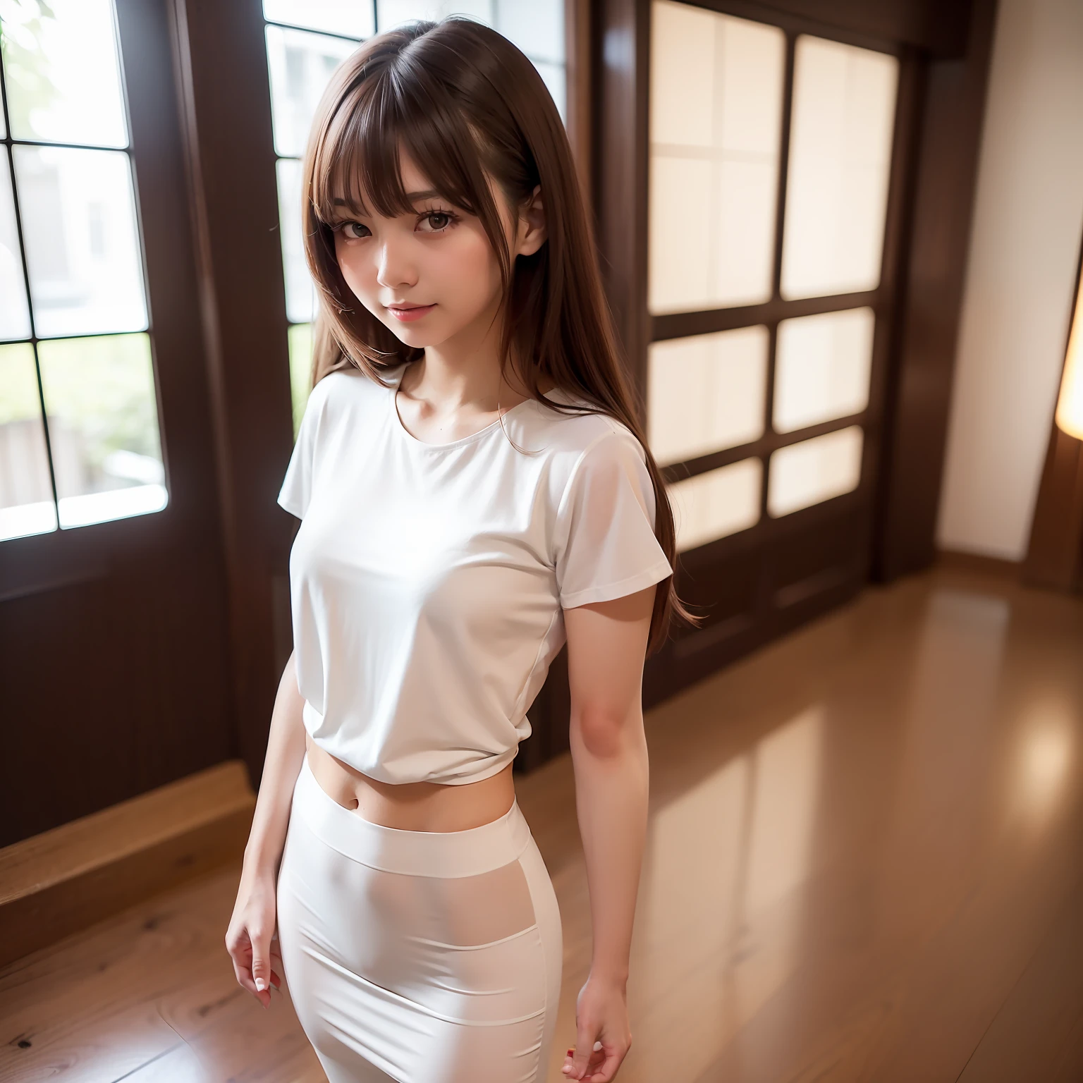 ((Best Quality, 8K, masutepiece: 1.3)), Full body, (Best Quality, masutepiece: 1.2)), Photo of a cute Japanese woman, 1 girl, 25 Years Old Beautiful Japan Girl, ((White T-shirt with open chest: 8.5)), (full body photo shot), Full body portrait, hard , Very delicate body, Small breasts, ((thin waist: 5.5)), (Slender Abs: 3.5), (Small), (Female 160 cm), Focus Sharpening: 1.2, Outstanding beauty style: 1.4, Slender Abs: 1.2, (((Brown hair, Big: 1.2)), Highly detailed face and skin texture, Detailed eyes, Double eyelids, Inside the beauty salon，Full body portrait, Hair fluttering in the wind, Light bangs，A smile，I have a scissor case on my waist