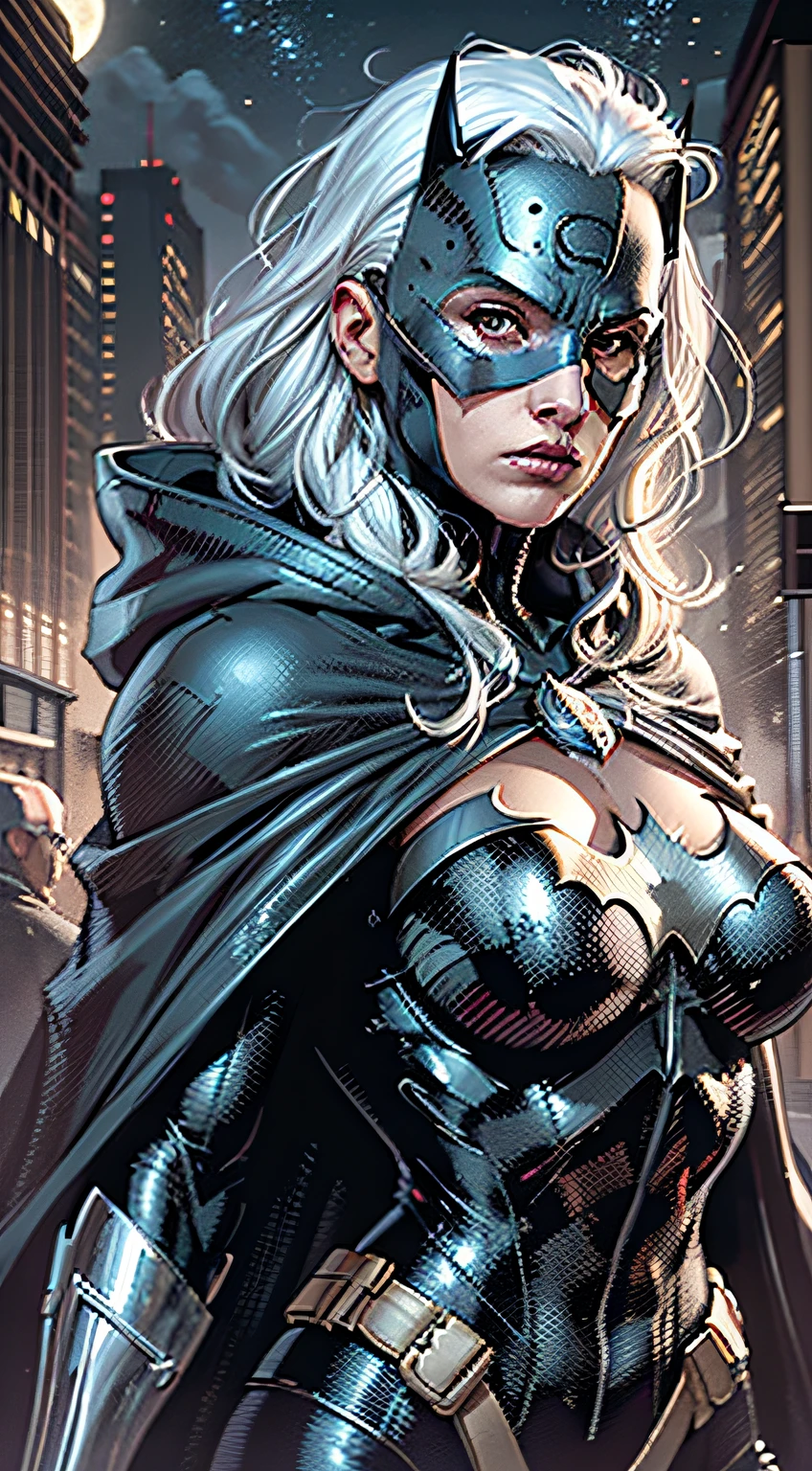 1 persons， 独奏，  dolman， highr， A woman who is， musculous， hulking， Wide shoulders， photorealisti， Dark dirty gray suit，Street background of the city， Dark gray arms， （No mask））， Batman mask，White hair， black glove， best qualityer， tmasterpiece， A high resolution：1.2， a black cloak， High detail masks， High-detail suit， highy detailed face， Award-Awarded， during night， Dark cave in the background， Moon，Skysky