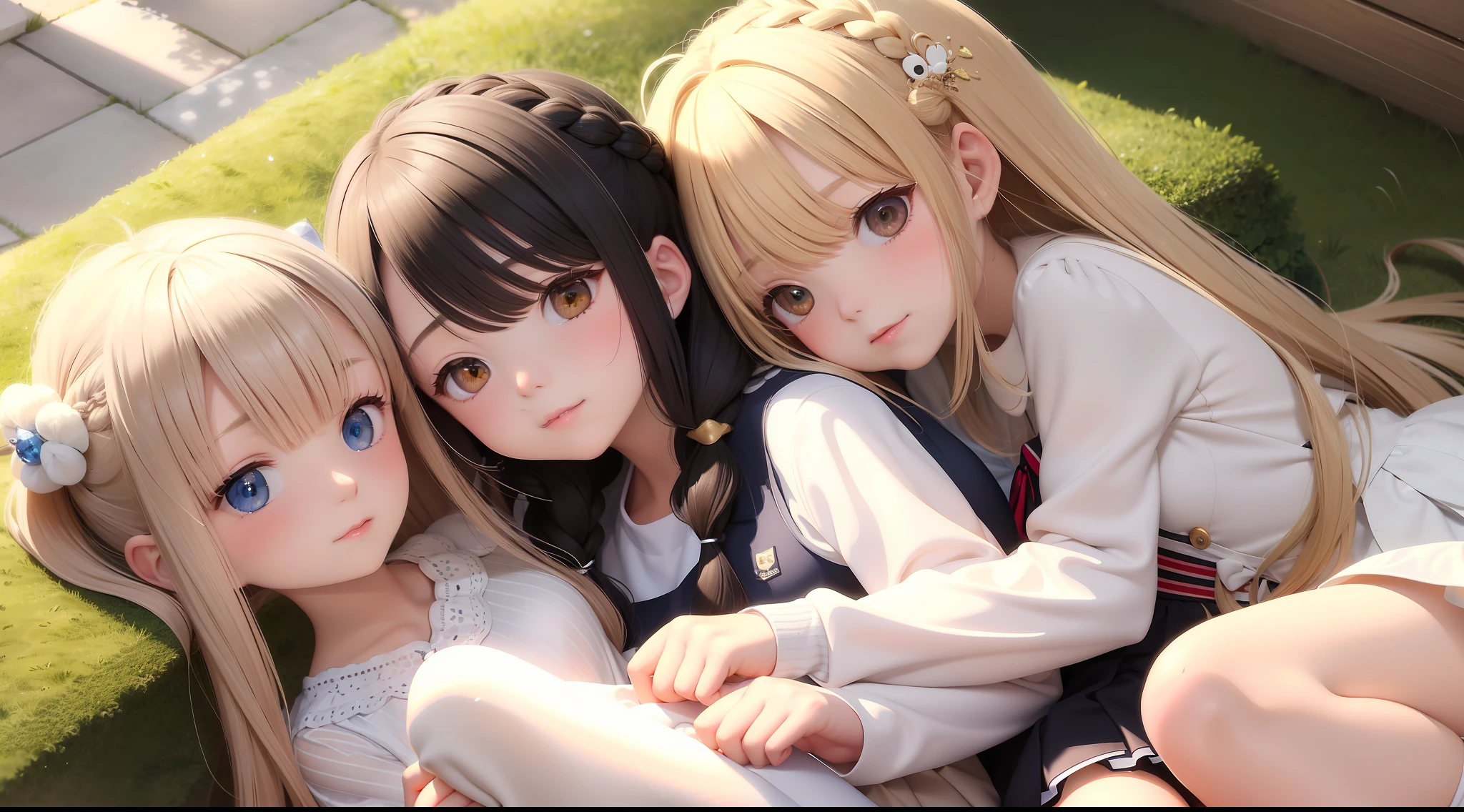 High precision,Works of masters,loli,whaite hair,SideBraid,Golden eyes,white dresses,The two hugged each other and buried their heads in their arms,puss,modern,Striped knee-length socks,natural soft light,dingdall effect