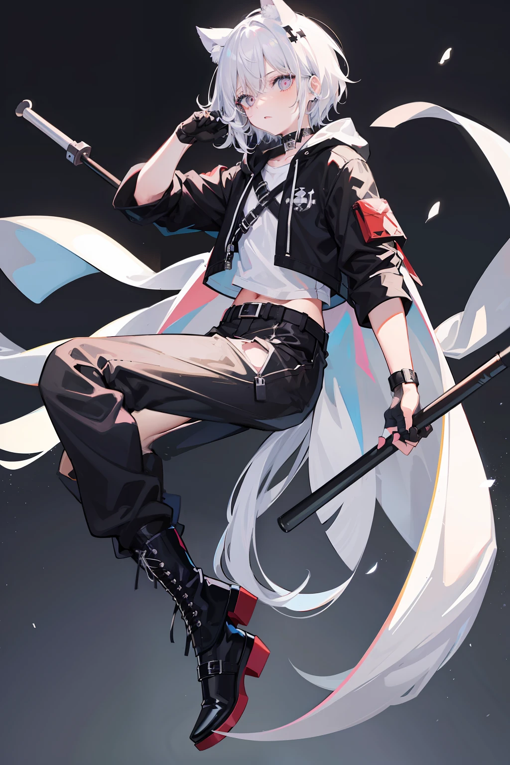 White-colored skin,White-colored skin,whaite hair,Black pupils,Pure black eyes,Cat ear hood,Silver-toned stud earrings,Fork,crosses,bandagens,There are bandages on the hands,short detailed hair,Handsome,Neutral wind,Highest image quality,the night,the night,warn,femele,hooding,cargo pants,Martin boots,Black pick dye,Baseball bat,crosses,crosses,nighttime scene,Black cargo pants,Black pantsuit