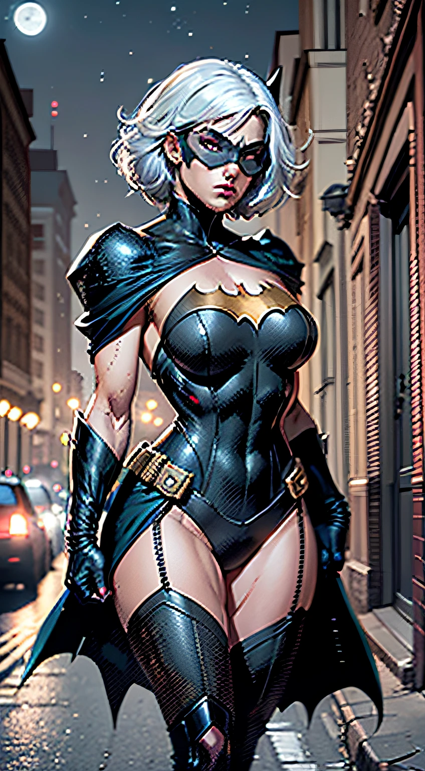 1 persons， 独奏，  dolman， highr， A woman who is， musculous， hulking， Wide shoulders， photorealisti， Dark dirty gray suit，Street background of the city， Dark gray arms， （No mask））， Batman mask，White hair， black glove， best qualityer， tmasterpiece， A high resolution：1.2， a black cloak， High detail masks， High-detail suit， highy detailed face， Award-Awarded， during night， Dark cave in the background， Moon，Skysky