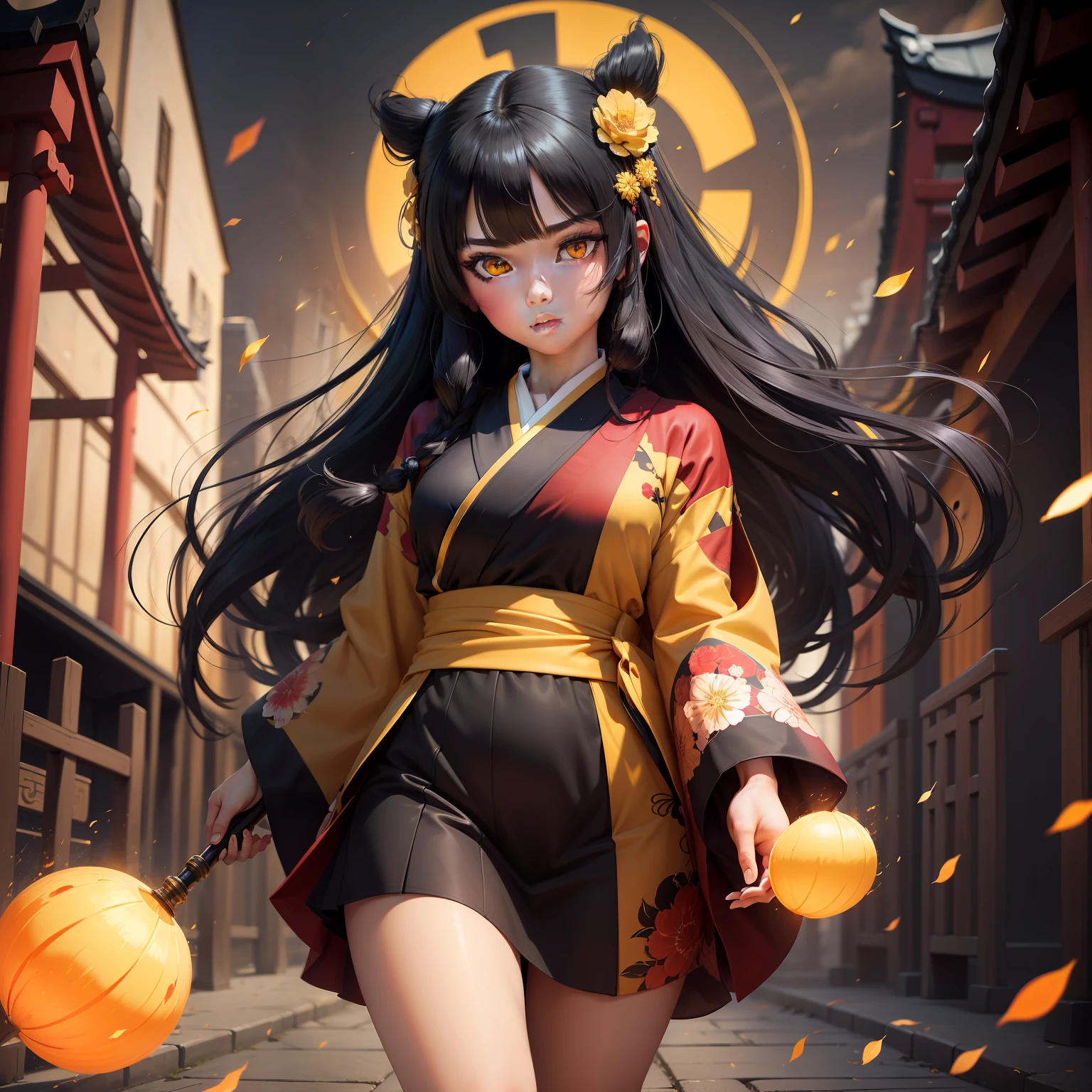 masterpiece, best quality, ultra-detailed, absurdres, 1girl, yellow eyes, black hair, long hair, floating hair, detailed eyes, wide-eyed, eyelashes, looking at viewer, torii, red theme, kimono, walking, particles