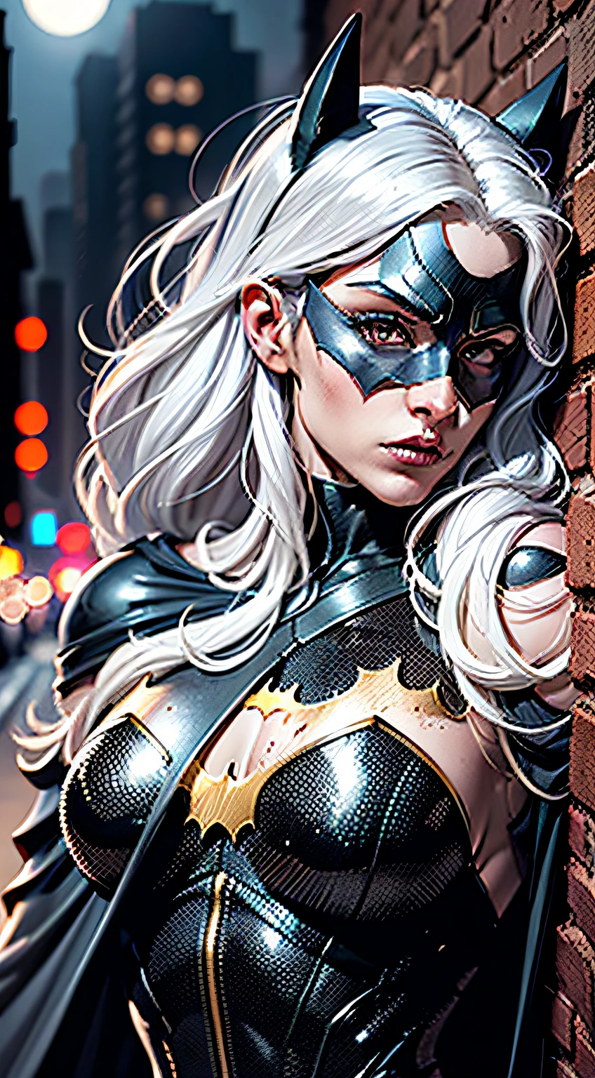 1 persons, 独奏, dolman, highr, A woman who is, musculous, hulking, Wide shoulders, photorealisti, Dark dirty gray suit,Street background of the city, Dark gray arms, (No mask)), Batman mask,White hair, black glove, best qualityer, tmasterpiece, A high resolution:1.2, a black cloak, High detail masks, High-detail suit, highy detailed face, Award-Awarded, during night, Dark cave in the background, Moon,Skysky