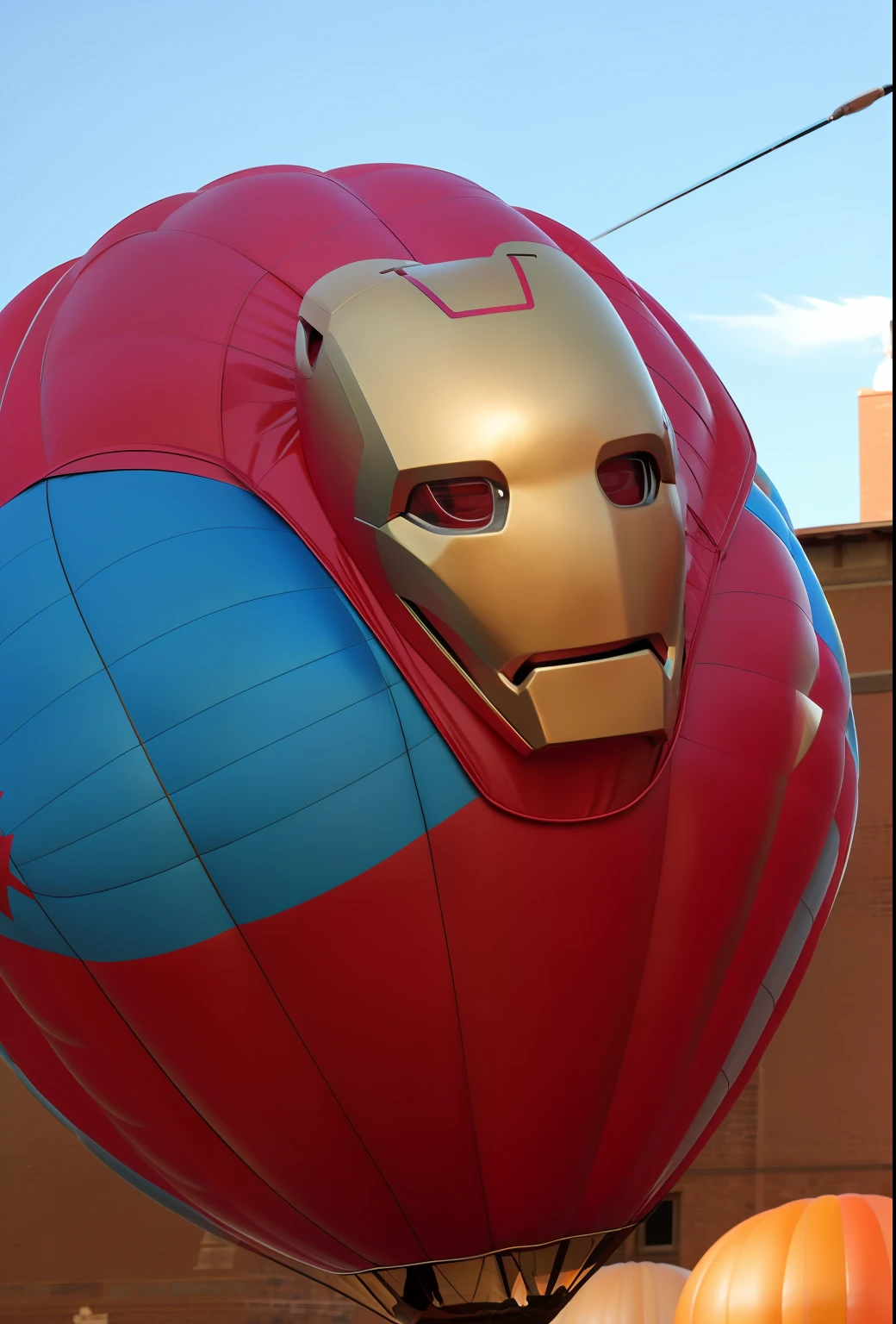 Ironman head,into a hot air balloon,up in sky,day time, perfect structure
