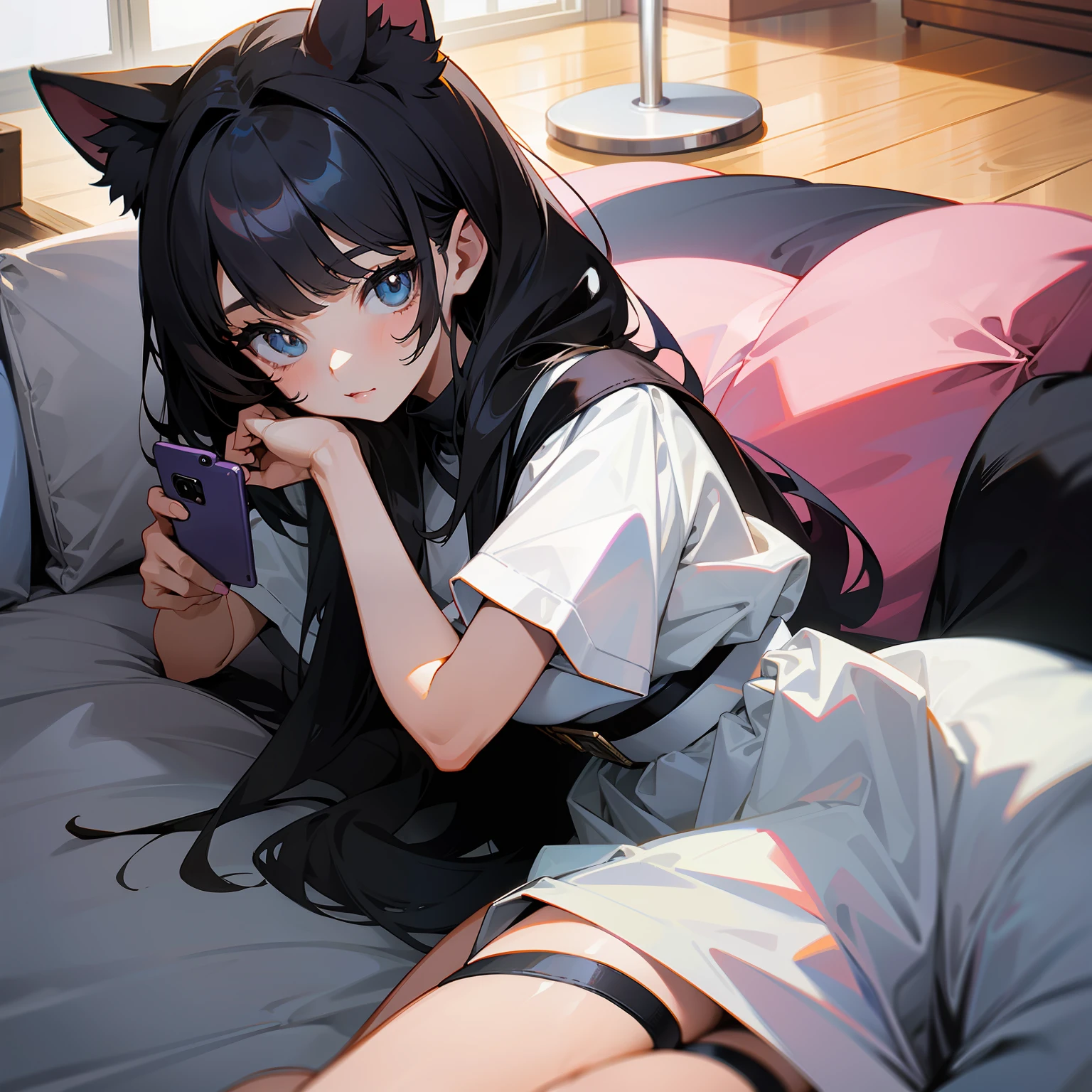 The cute cat lady sister is playing with her mobile phone