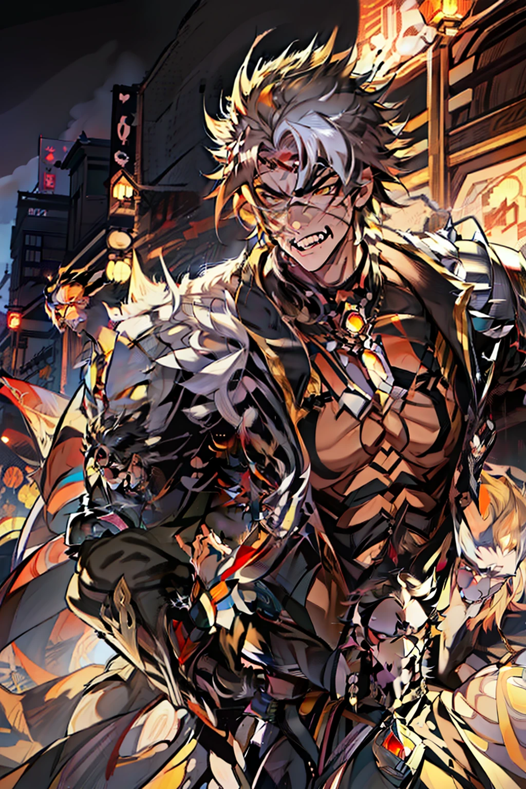 《the original god》Arataki Kazuto , male people,,((Masterpiece)), ((Best quality)), Ultra detailed,((illustration)), Dynamic Angle, Detailed light, (Delicate eyes), Floating, 1boy, Male focus, Head, Clothing, Yellow eyes, necklace, tattoo, (Forehead:0.8), (ahoge:0.8), jewelry, apathy,Ray, chest muscle, Sexy , Venom symbiote for your body, Black mucus of the body , (into venom), Venom,frontage,style of anime4 K, 4K anime wallpaper, Badass anime 8 K, 4 k comic wallpaper, young anime man, Anime boys, Anime wallpapers 4 k, Anime wallpaper 4K, High quality anime art style, Anime moe art style, Anime art wallpaper 8 K, Anime art wallpaper 4 K, RGB lighting