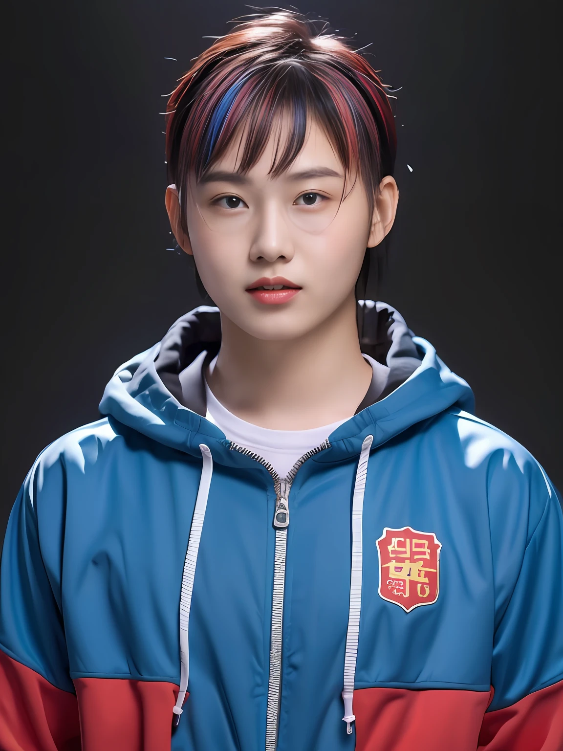 Chinese male high school student，PVC red tracksuit，Rainbow hair，solid color backdrop