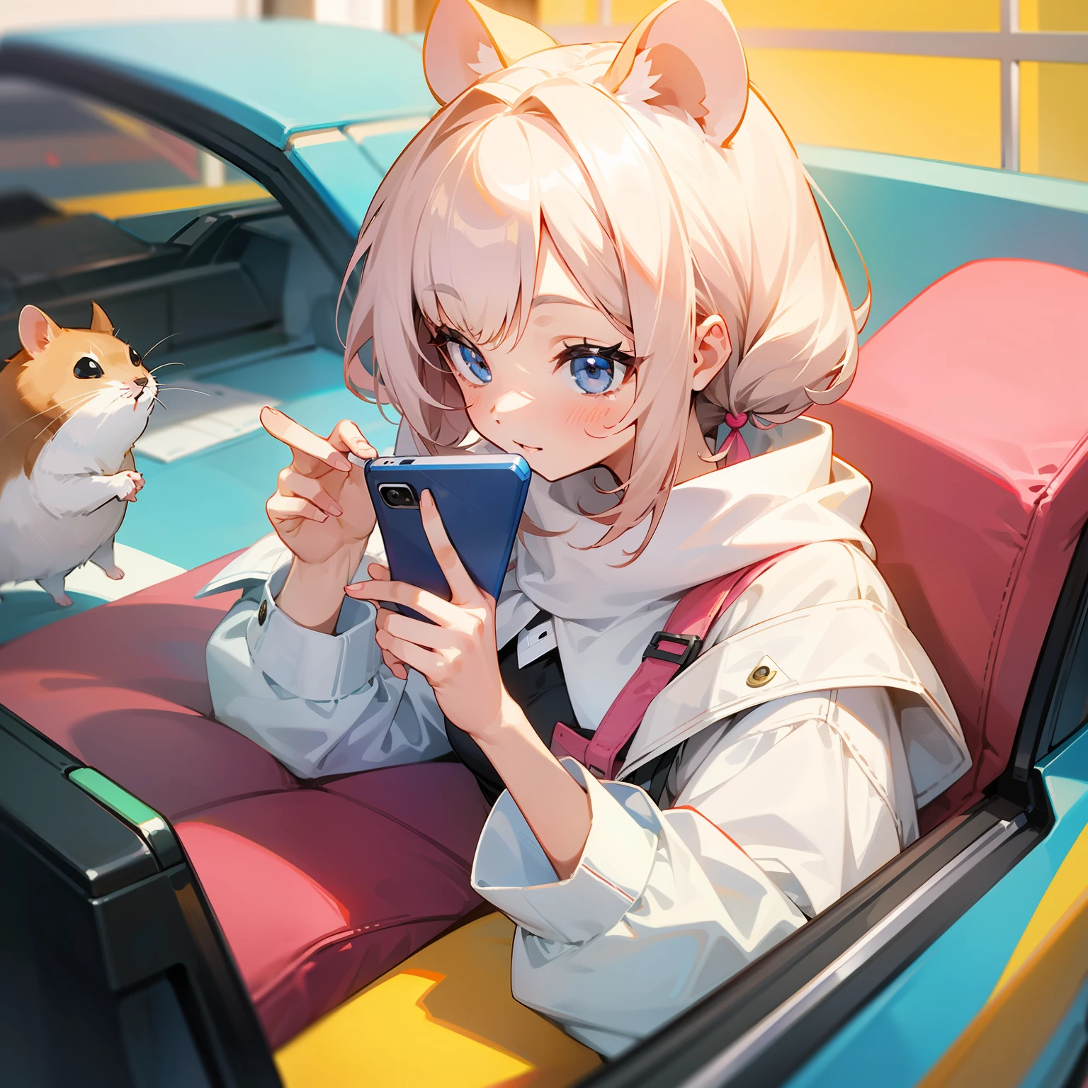 The cute lady hamster sister is playing with her mobile phone