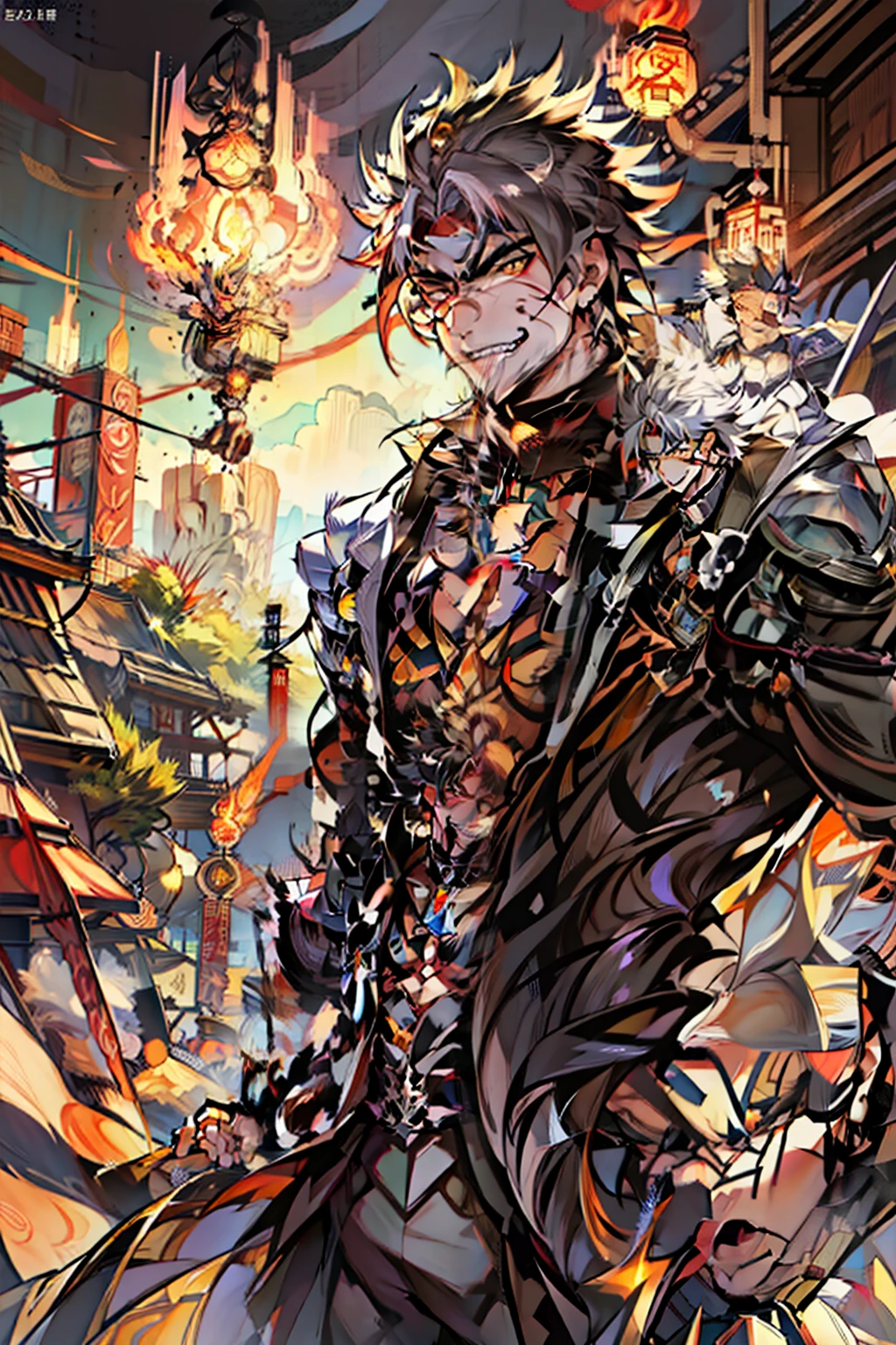 《the original god》Arataki Kazuto , male people，，((Masterpiece)), ((Best quality)), Ultra detailed,((illustration)), Dynamic Angle, Detailed light, (Delicate eyes), Floating, 1boy, Male focus, Head, Clothing, Yellow eyes, necklace, tattoo, (Forehead:0.8), (ahoge:0.8), jewelry, apathy，Ray， chest muscle， Sexy , Venom symbiote for your body, Black mucus of the body , （into venom）, Venom，frontage，style of anime4 K， 4K anime wallpaper， Badass anime 8 K， 4 k comic wallpaper， young anime man， Anime boys， Anime wallpapers 4 k， Anime wallpaper 4K， High quality anime art style， Anime moe art style， Anime art wallpaper 8 K， Anime art wallpaper 4 K， RGB lighting