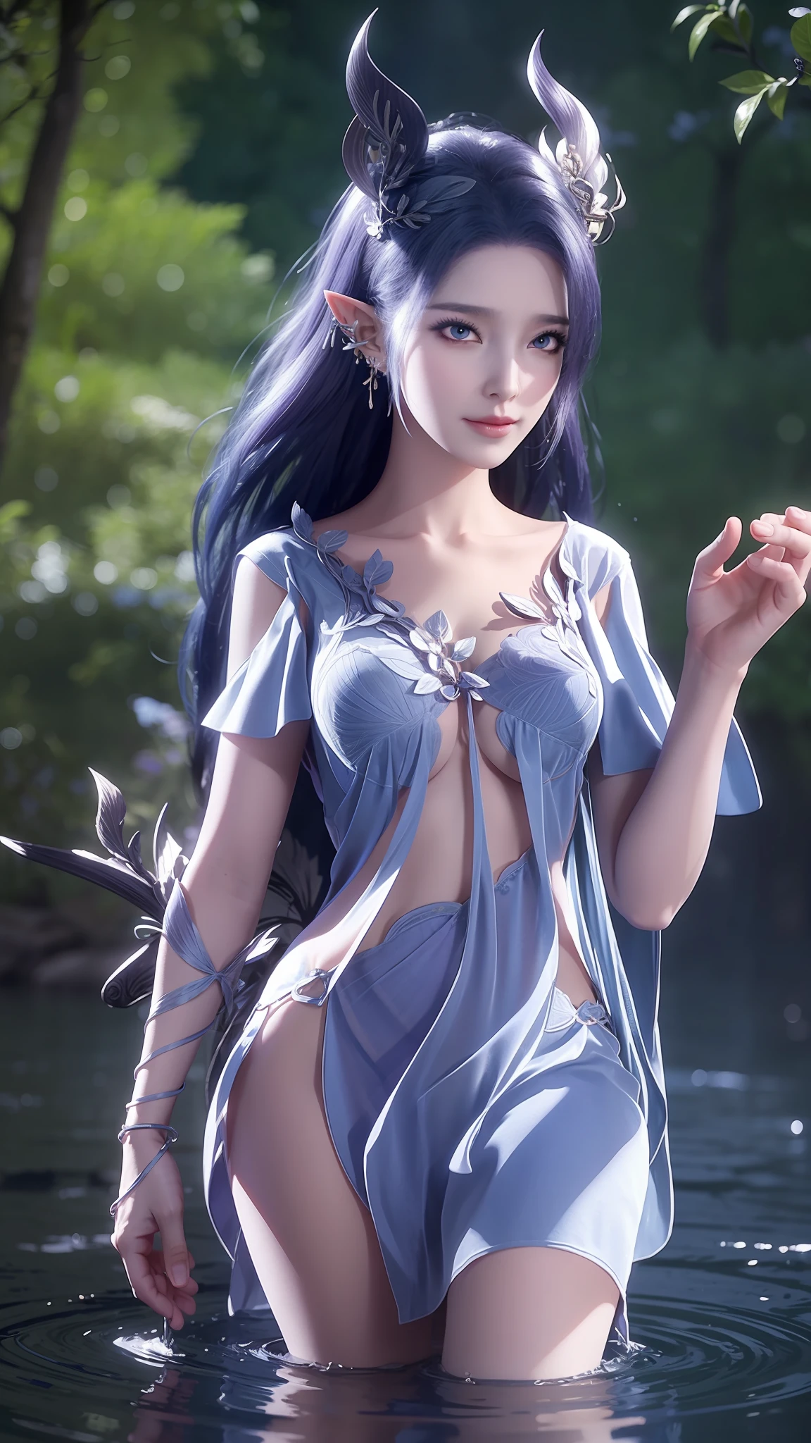 Arad woman dressed in purple poses in the water, Keqing from Genshin Impact, lunar themed attire, zhongli from genshin impact, astral witch clothes, alluring elf princess knight, Portrait Chevaliers du Zodiaque Fille, fantasyoutfit, gorgeous female paladin, astri lohne, full-body xianxia, ayaka game genshin impact