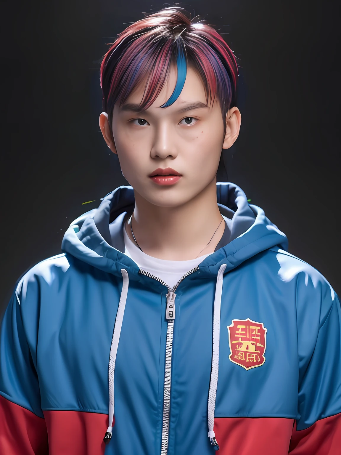 Chinese male high school student,PVC red tracksuit,Rainbow hair,solid color backdrop