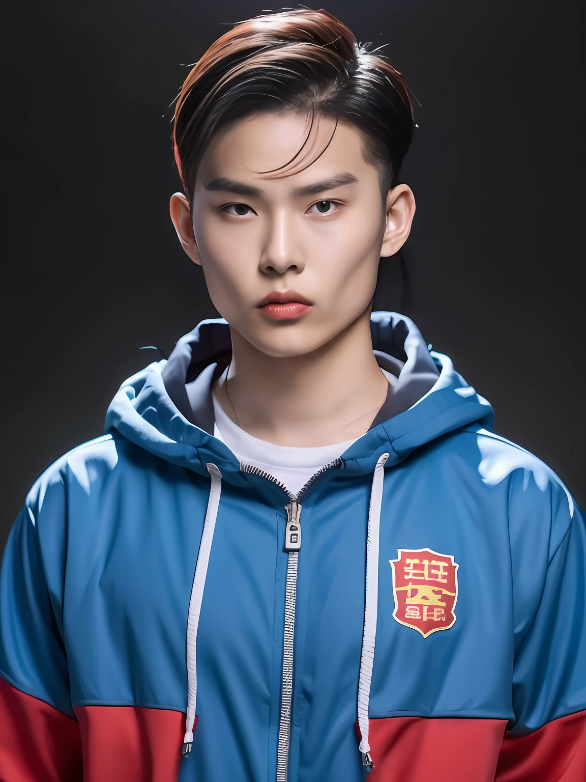 Chinese male high school student,PVC red tracksuit,Rainbow hair,solid color backdrop