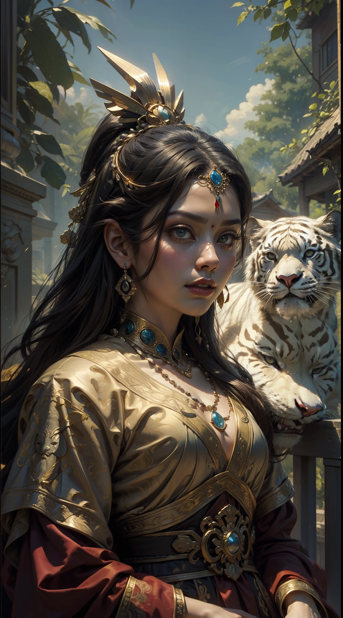 A mythology king pajajaran (west java) with a white tiger and a vase, a portrait inspired by Raja Ravi Varma, reddit, qajar art, javanese mythology, persian king, portrait of modern darna, oil on canvas painting, ashoka tano, ancient mongolian elon musk, a man as genghis khan, emir, kali, traditional oil painting