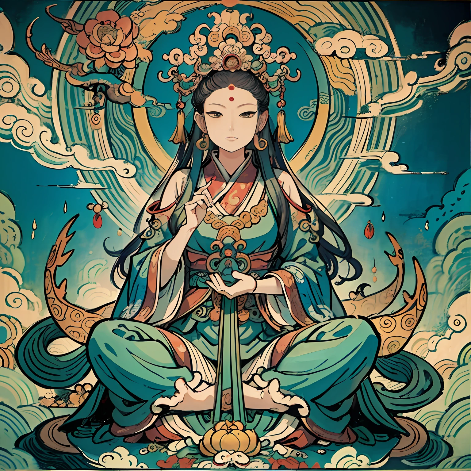 an ancient Chinese goddess, guanyin of the southern seas, Guanyin, Inspired by India, Avalokiteshvara rides a dragon,Serene expression,shui mo hua,Buddha,Buddhist,Lotus,Chinese painting style,Thangka style