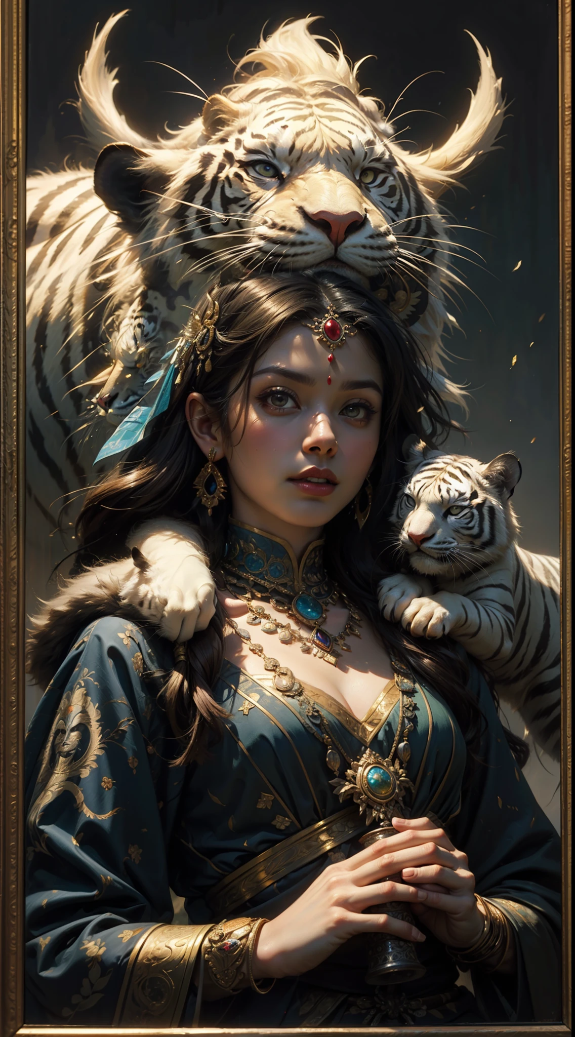 A mythology king pajajaran (west java) with a white tiger and a vase, a portrait inspired by Raja Ravi Varma, reddit, qajar art, javanese mythology, persian king, portrait of modern darna, oil on canvas painting, ashoka tano, ancient mongolian elon musk, a man as genghis khan, emir, kali, traditional oil painting