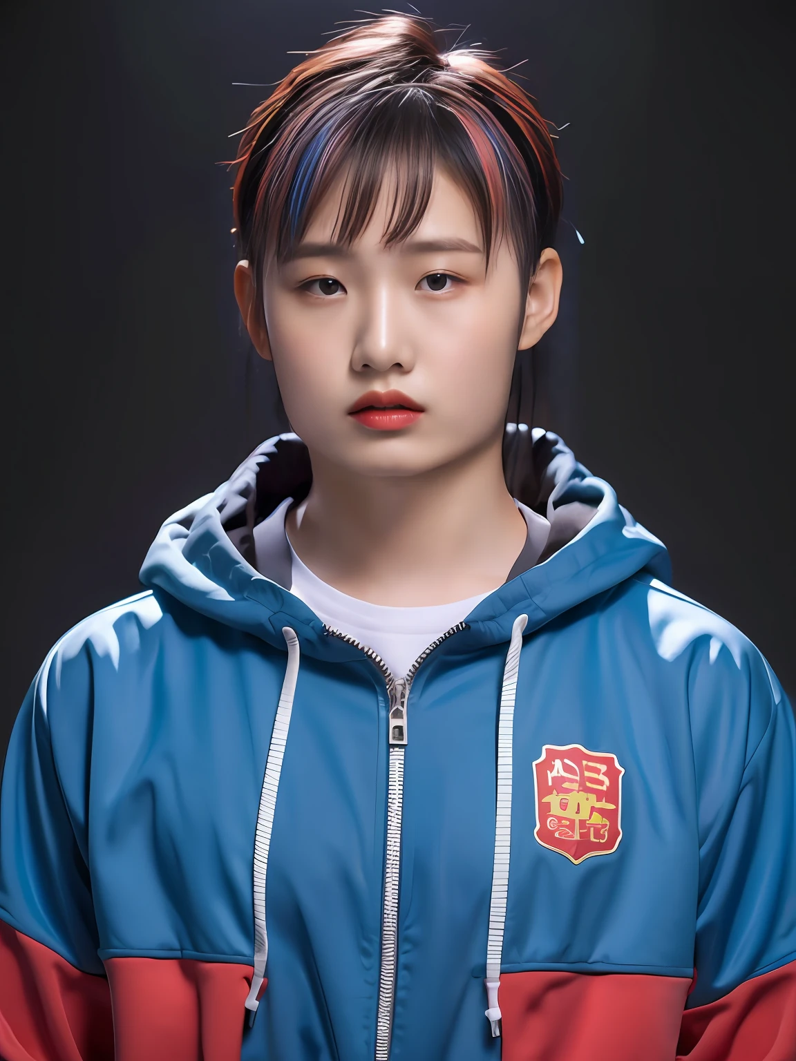 Chinese male high school student，PVC red tracksuit，Rainbow hair，solid color backdrop