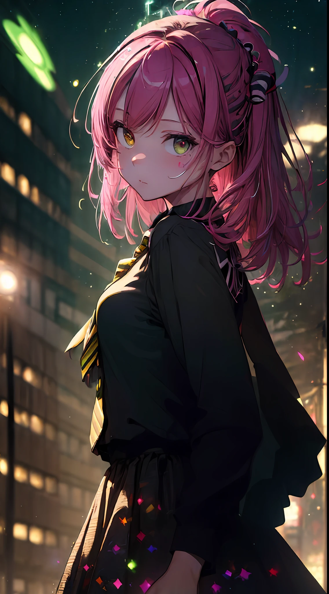 (masterpiece, best quality:1.9), (ultra-detailed:1.3), official art, (zentangle, mandala, tangle, entangle:0.6), 1girl, solo, (pink hair, messy hair, long hair), (angel halo), large breasts, (emo punk synthwave:1), yellow eyes, (white shirt, black necktie, green striped coat, open coat), cowboy shot, cinematic lighting, (((glowing light particles))), (arms behind back), dynamic angle,