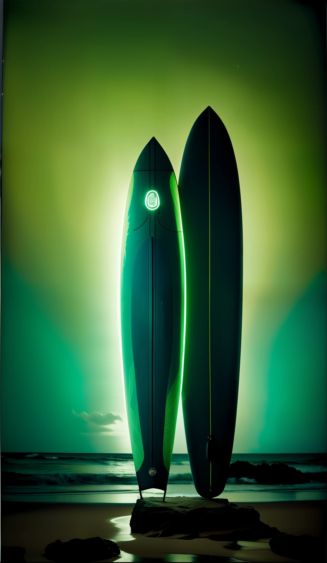 "Bioluminescent Serenity" - portrait by Sally Mann, Edward Weston, cinematic photo, beach, wetsuit, neon material, bioluminescent algae, surfboard, holographic waves, 35mm photograph, bokeh, professional, 4k, highly detailed, luminous, tranquil, intimate, enchanting, natural beauty, poetic.