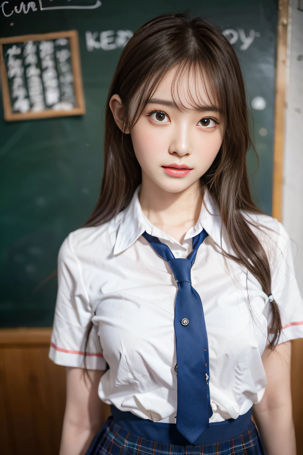 Pale anime waifu style woman, school uniform, undressing, cute face, bright face, smooth skin, blushing cheeks, pubic hair, standing, school board, proportioned body, spread legs, detailed, portrait composition, look at camera, portrait painting, realistic light, ((((lonely))))