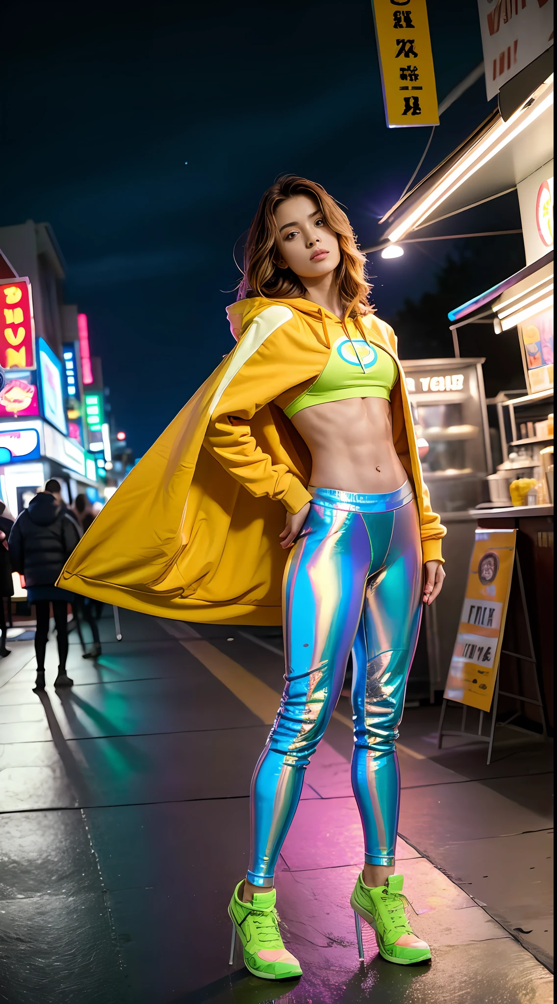 (Mikayla Demeiter) Hyper realistic super detailed sexy 30-year-old full-length woman (with large breasts), cup size E, trending on cgstation, (in a holographic tracksuit, cropped hoodie, leggins, micro skirt, fits the body, fits the chest, You can see the , No underpants, No bra, holographic high-heeled shoes), a confident girl, The photo was taken from the front, from the top corner, facing the photographer, Foreground photo , (Looking Ahead), NSFW, (frontal view, facing the photographer, (the pose, stands on the street near the noodle stall, neon signage, the night, The light of the moon, big city, The square in front of the fountain)), ( Coiling hair),  Very detailed, sexy facial expressions, facial expressions, facial expressions, seductive facial expressions, [:(face detail: 1.4): 0.4], 16K resolution, 4k resolution, dinamic lighting, high-definition resolution, BDSM, (sexy pose, seductive position, seductive position), (elongated chest,: 1.7), (slimness: 1.2), (Narrow waist: 1.6), (Slim legs: 1.4), (hyper realisitc: 1.4), (back light: 1.2), (Sunlight: 1), (full height: 1.8), (pectoral muscles: 1.3), (contrasting background: 1.5), (Hyper-Realistic Arm Anatomy), (Hyper-Realistic Leg Anatomy), (Clean skin), (Veins Not Visible: 1.5), (Cinematic lighting: 1.7), (Intimate), (NVIDIA RTX Ray Tracing Technology), (Hyper-Realistic Arm Anatomy: 2), (Perfect flat stomach), (Color Image), 8mm Film Grain, Shot on Sony A9 II, 24mm Lens, f/1.8 Aperture, Deep Focus (10-bit RAW), (They stand: 1.5), The file weighs a lot