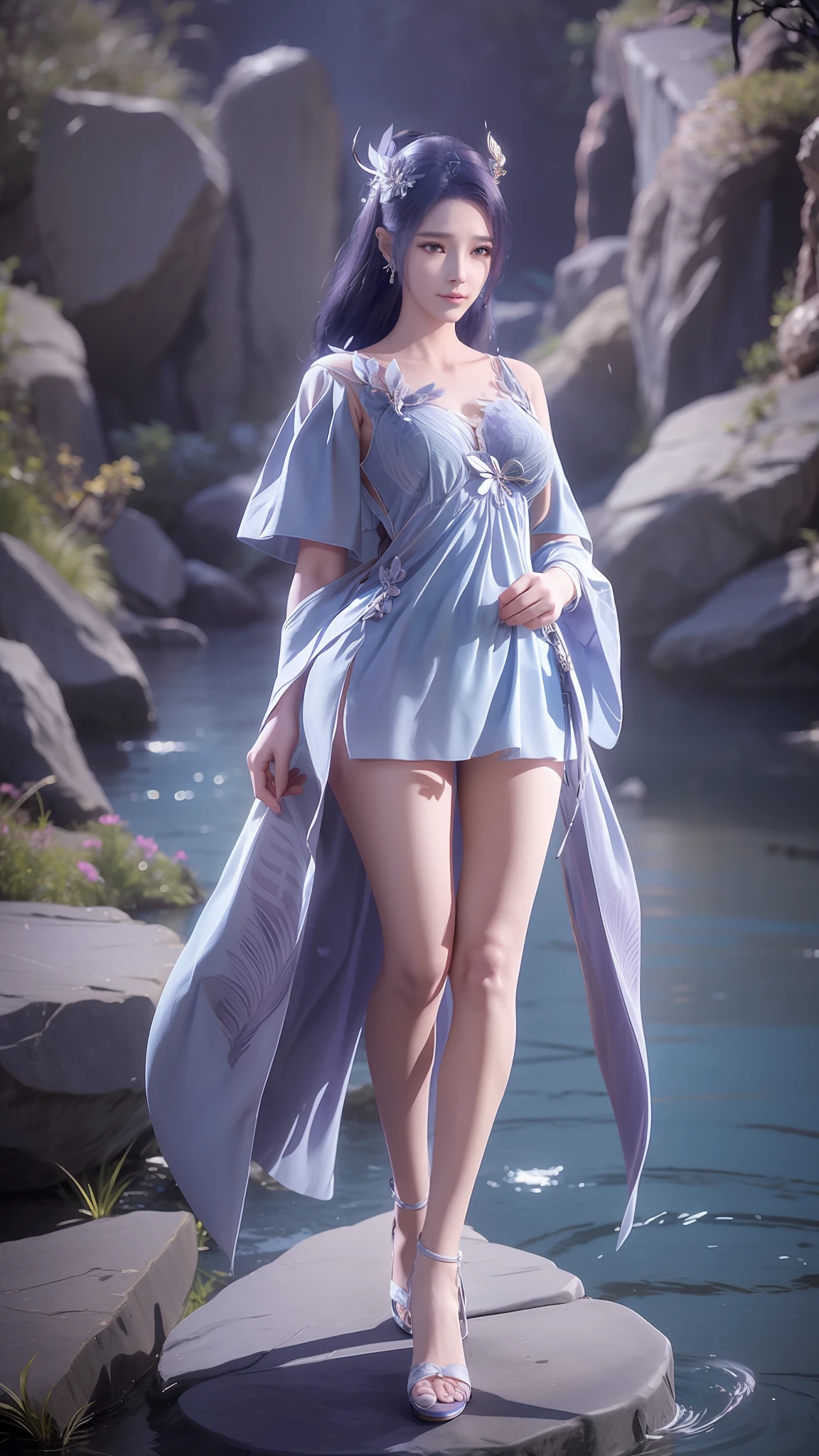 The Araved woman dressed in purple sits on a rock near the body of water, Extremely detailed Artgerm, Keqing from Genshin Impact, 2. 5 D CGI anime fantasy artwork, full-body xianxia, zhongli from genshin impact, elegant cinematic pose, spellcasting pose, WLOP and Sakimichan, highly detailed exquisite fanart