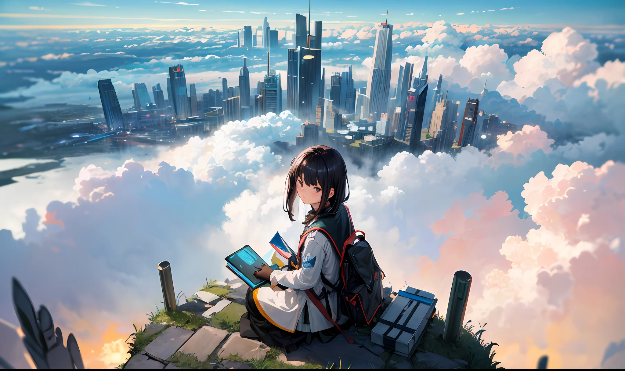 octane render, bioluminescent,8K resolution concept art, realism,by Mappa studios,masterpiece,best quality,official art,illustration,ligne claire,(cool_color),perfect composition,absurdres, fantasy,focused,(in the air),(above the cloud:1.4),(finely detailed modern lost_city:1.3),(lost_city towering above the clouds:1.2),epic,(focus_girl:1.2),(girl in city peak of Broken bridge), sitting on the verge of that bridge looking at the far horizons,rule of thirds,anime_face,fine-tuning face, detailed eyes,cute face,black hair, finely detailed fantasy traveler clothes,calm expression ,overhead_viewer,wind blow at viewer,side_face,fantastic plant,book,Giant World Tree,lightred Meteor, half the sky is Milky Way,motion,(depth_of_field), extension image