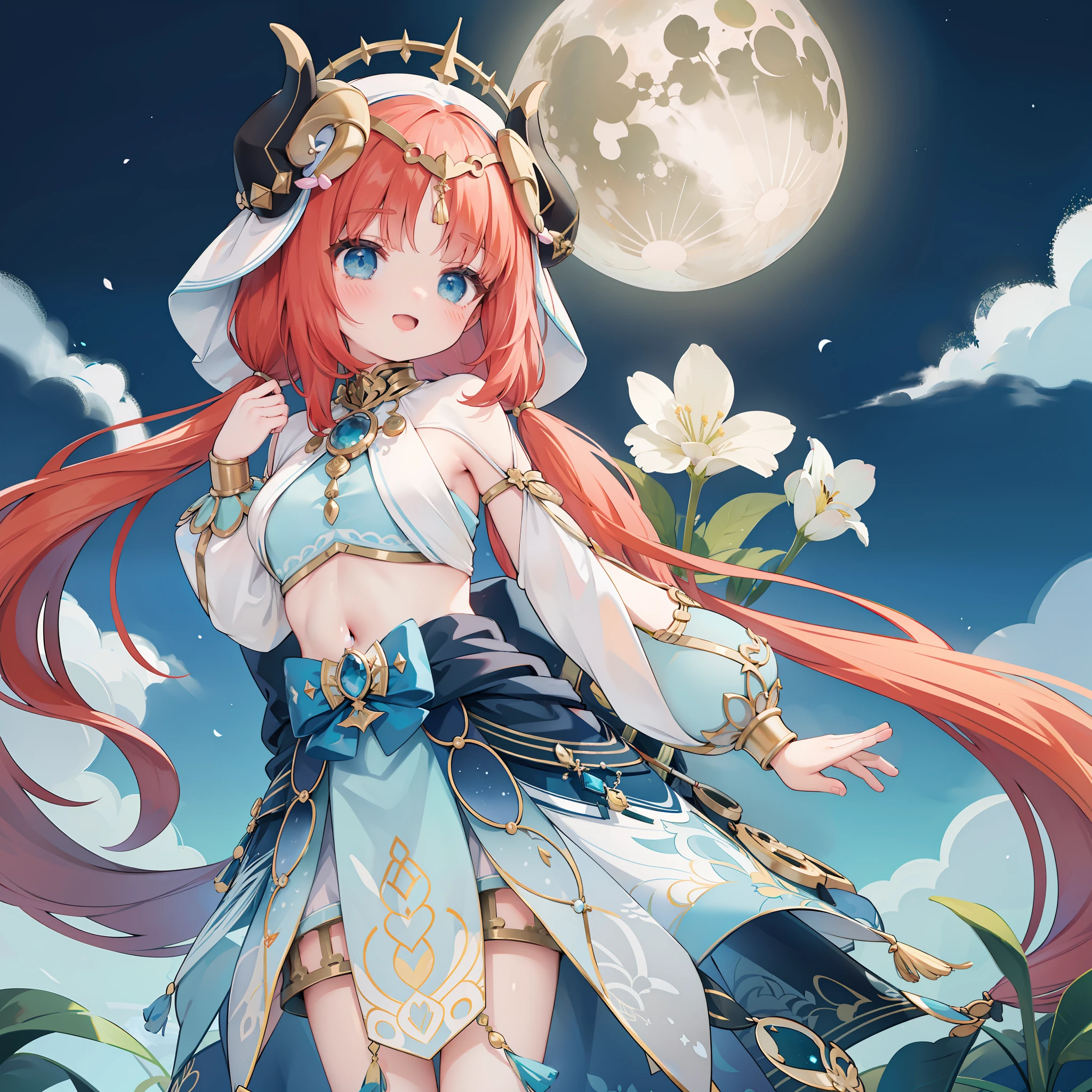 extremely detailed CG unified 8k wallpaper, very fine 8KCG wallpaper, absurderes，Lori ，Best Quality ，ultra-detailliert ，Beautiful face  ，​masterpiece、top-quality(​masterpiece), top-quality, 1girl in, ​masterpiece、top-quality、absurderes、nilou(Neither flowers nor mist)(GenshinImpact)、aqua eyes、nilou(GenshinImpact)、fake horns、1girl in、独奏、red hairs、veils、a smile、a moon、length hair、croptop、jewely、banya、natta、bracers、brooches、long-sleeve、puffy long sleeves、looking at the viewers、skirt by the、bangss、Twin-tailed、Eau、puffy sleeves、Skysky、neck rings、open open mouth、 :d, fullmoon, nigh sky, florals, harem outfit, gold trim, partedbangs, Raise your arms, breastsout, circlet, plein air, a blue skirt, hair adornments, Independent sleeves, low twintails, Floating hair, Pedras preciosas, flower in hair, blue gemstone, hand up, dancers, White cap, tiny chest, stomach, Midriff, cowboy  shot, blue bow, Very long hair